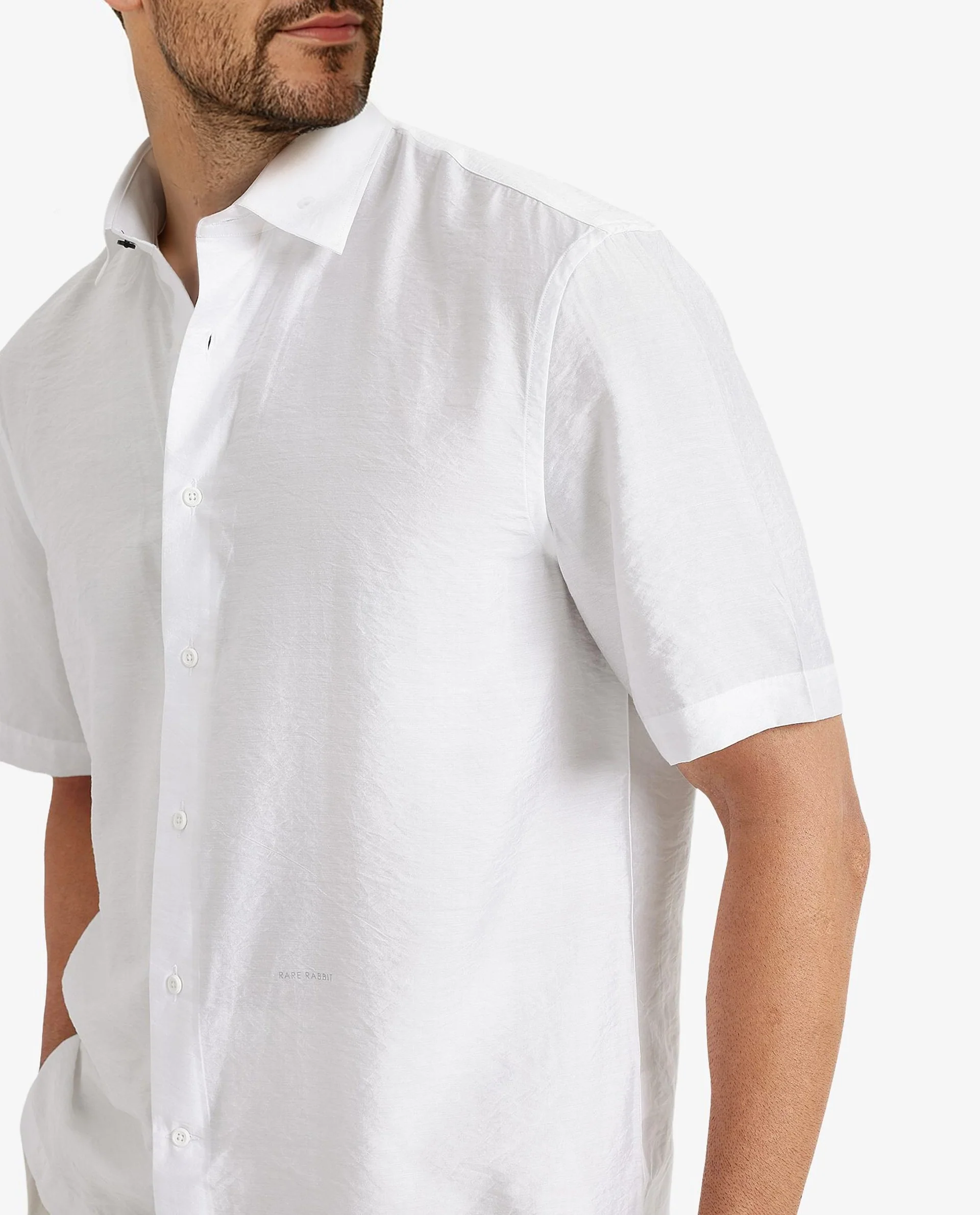 Rare Rabbit Men's Blois White Viscose Plain Boxy Fit Half Sleeve Collared Shirt - Image 3