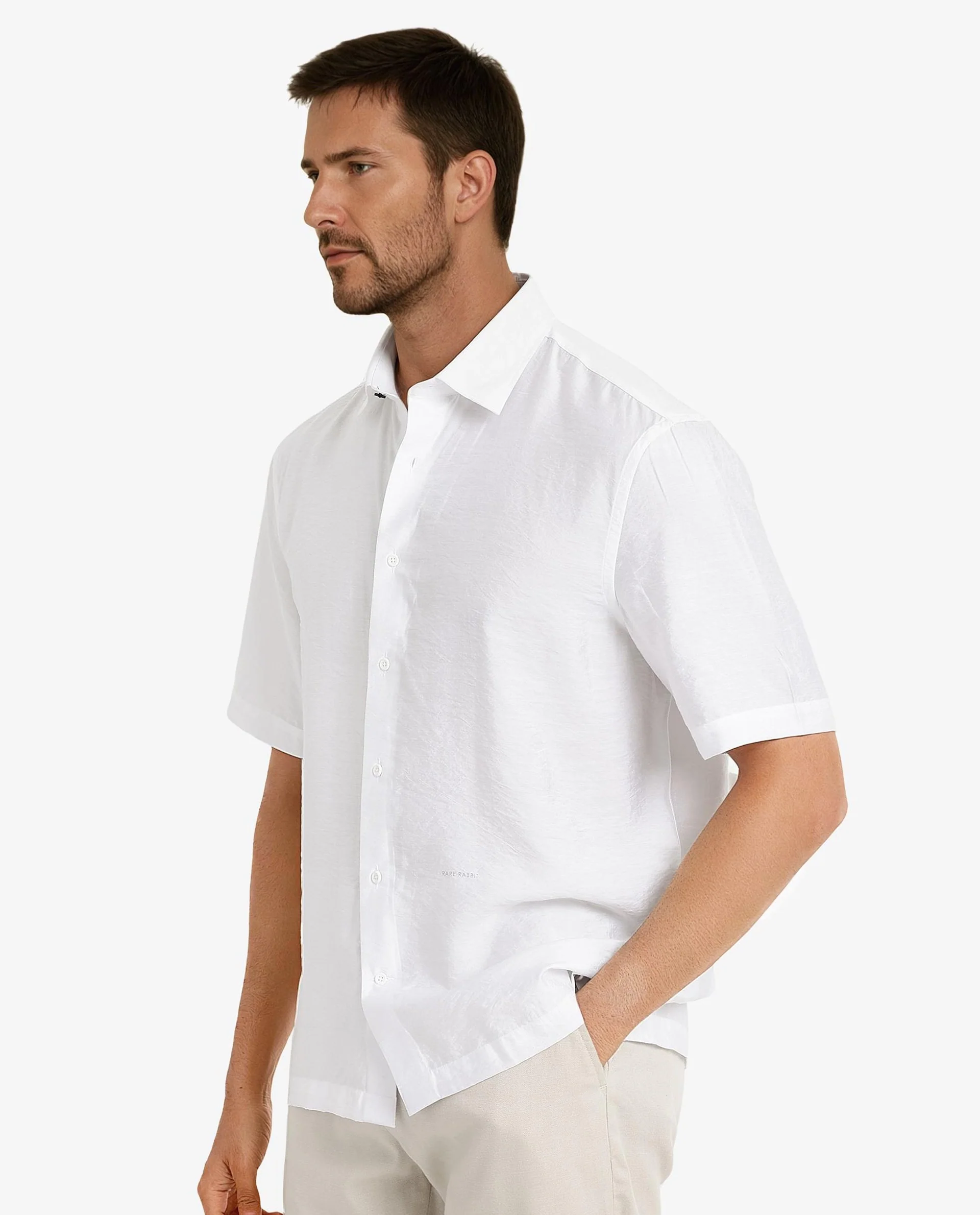 Rare Rabbit Men's Blois White Viscose Plain Boxy Fit Half Sleeve Collared Shirt - Image 5