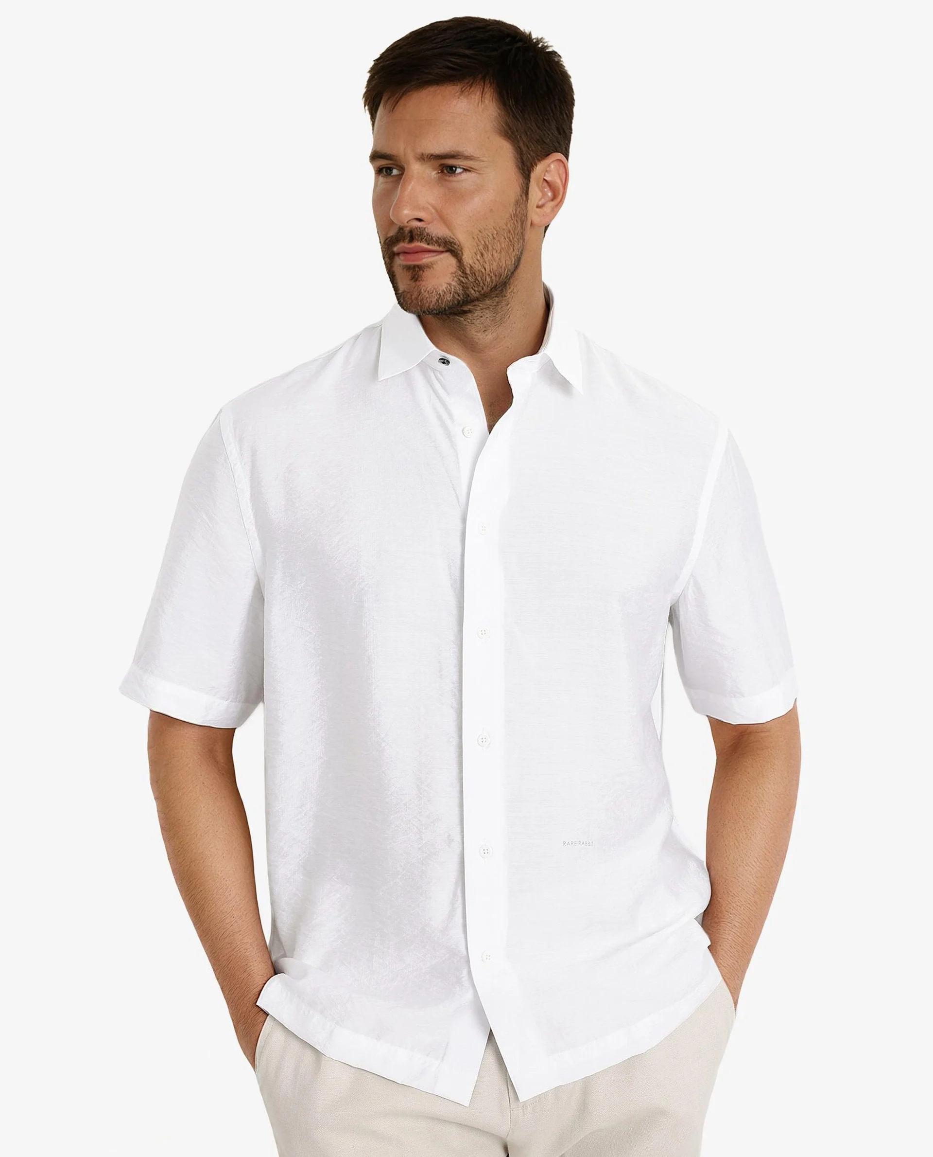 Rare Rabbit Men's Blois White Viscose Plain Boxy Fit Half Sleeve Collared Shirt - Image 8