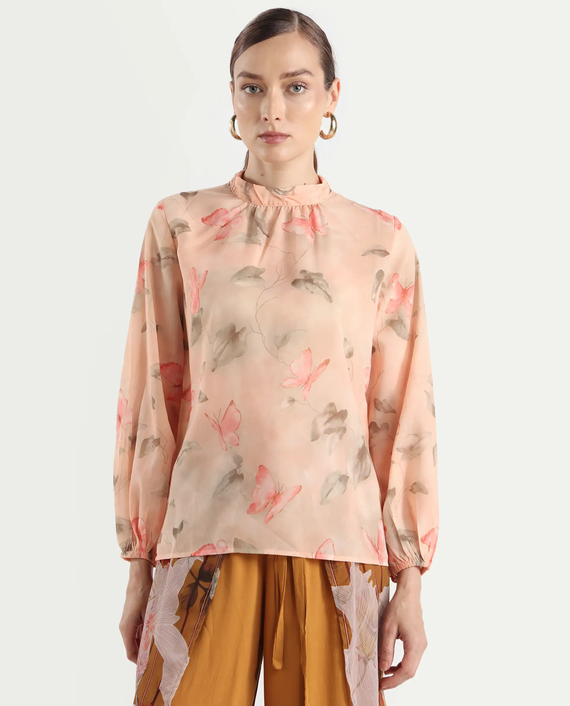 Rareism Women's Blois Multi Polyester High Neck Object Print Bishop Sleeve Regular Fit Top - Image 3