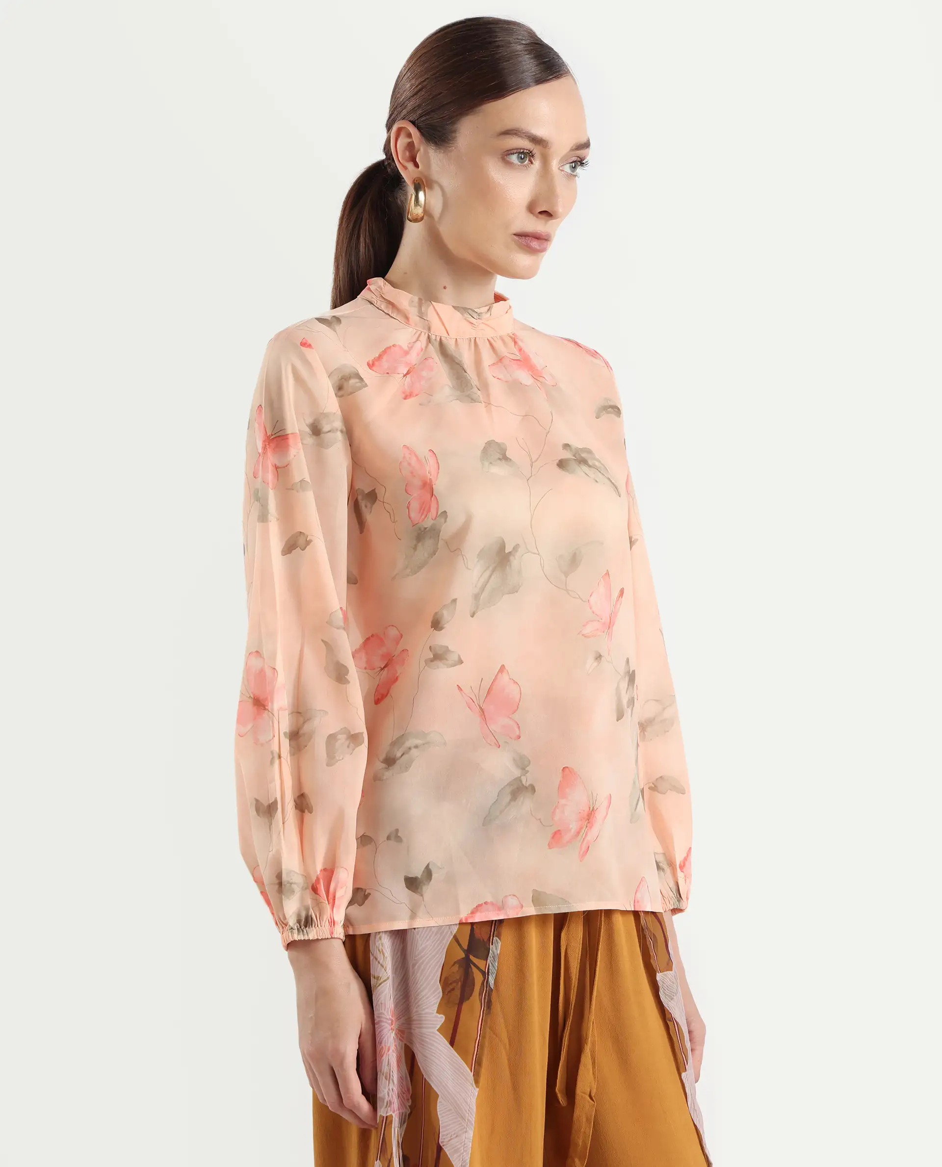 Rareism Women's Blois Multi Polyester High Neck Object Print Bishop Sleeve Regular Fit Top - Image 6