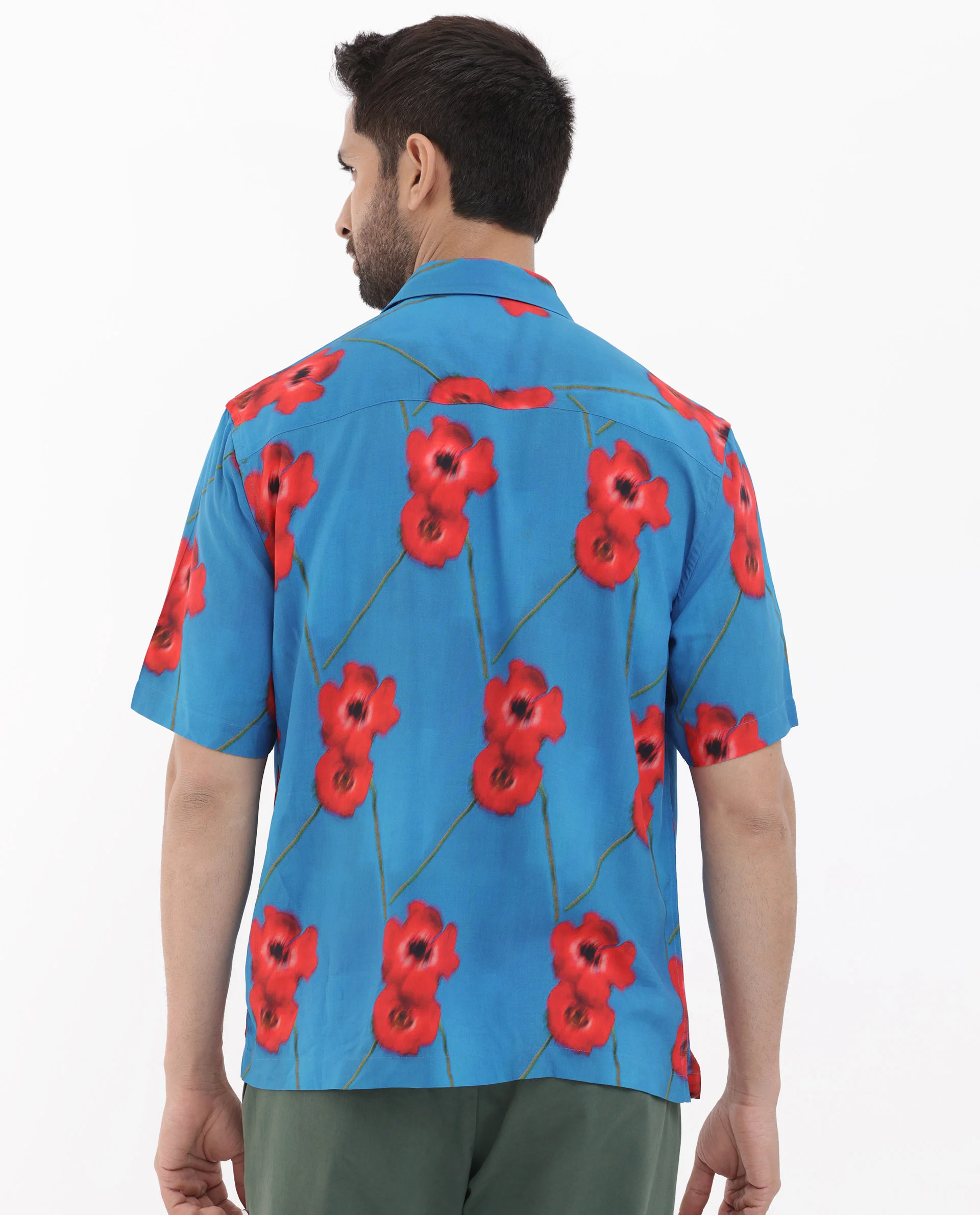 Rare Rabbit Men's Bloomer Flouroscent Blue Viscose Floral Print Boxy Fit Half Sleeve Collared Shirt - Image 10