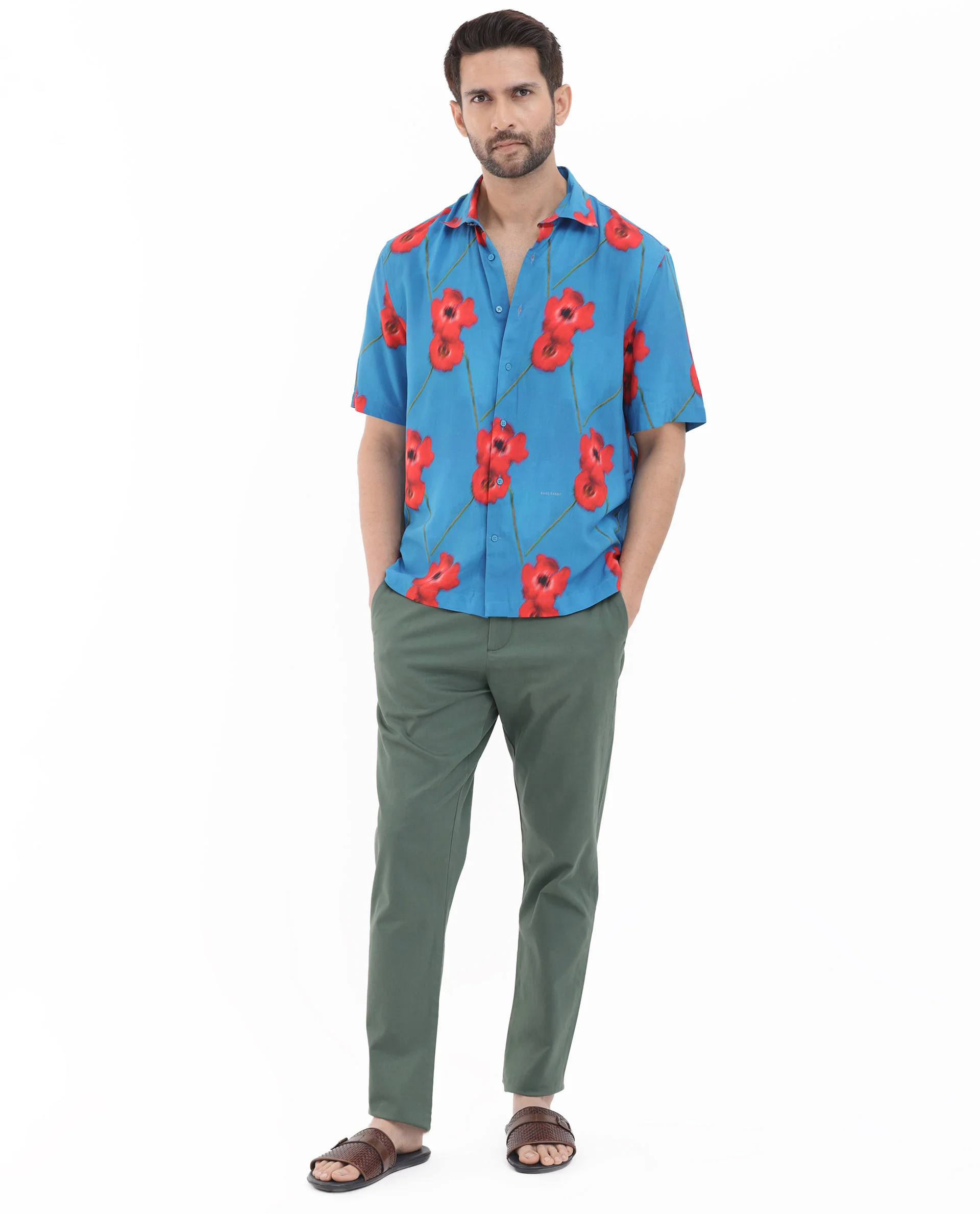 Rare Rabbit Men's Bloomer Flouroscent Blue Viscose Floral Print Boxy Fit Half Sleeve Collared Shirt - Image 2