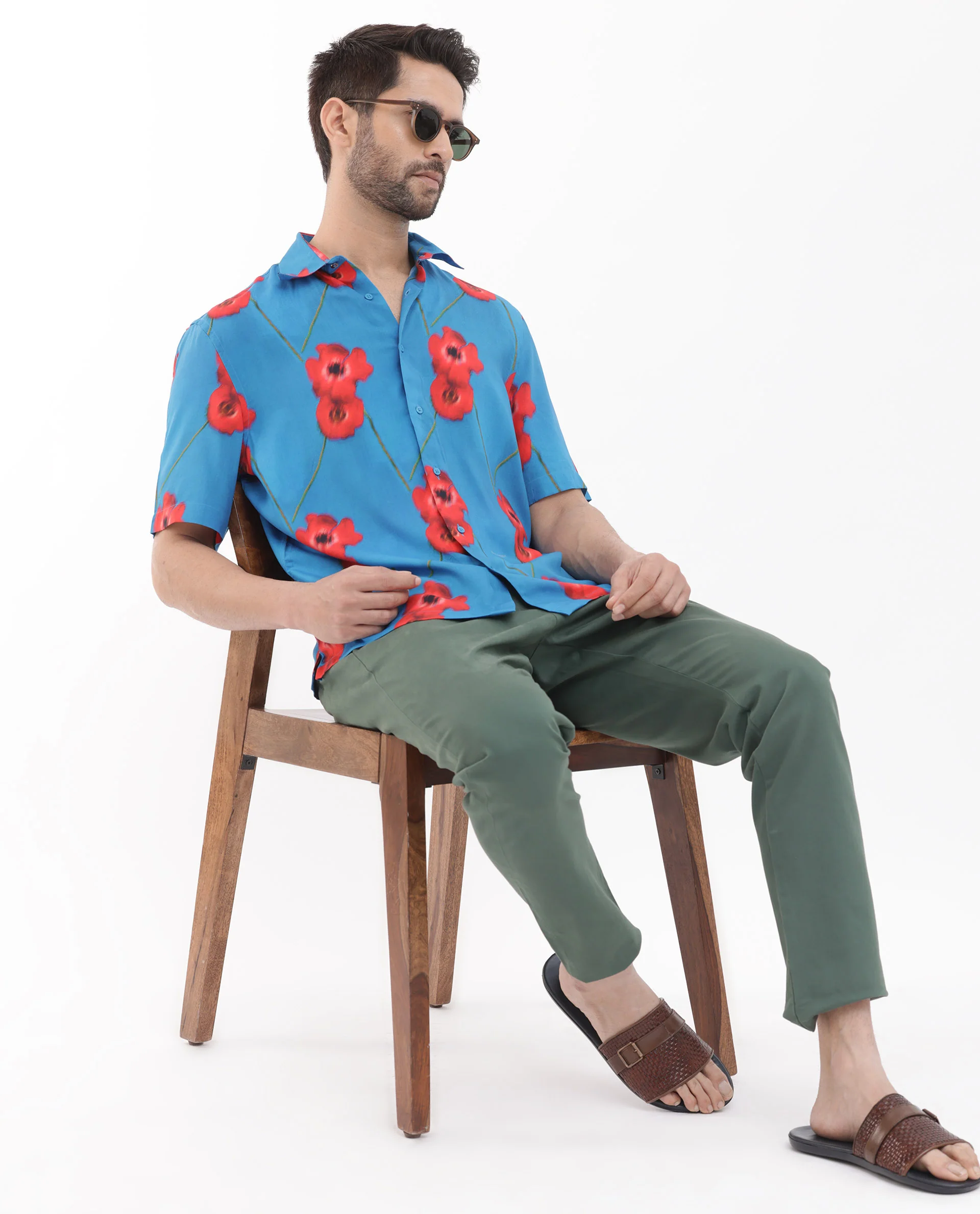 Rare Rabbit Men's Bloomer Flouroscent Blue Viscose Floral Print Boxy Fit Half Sleeve Collared Shirt - Image 3
