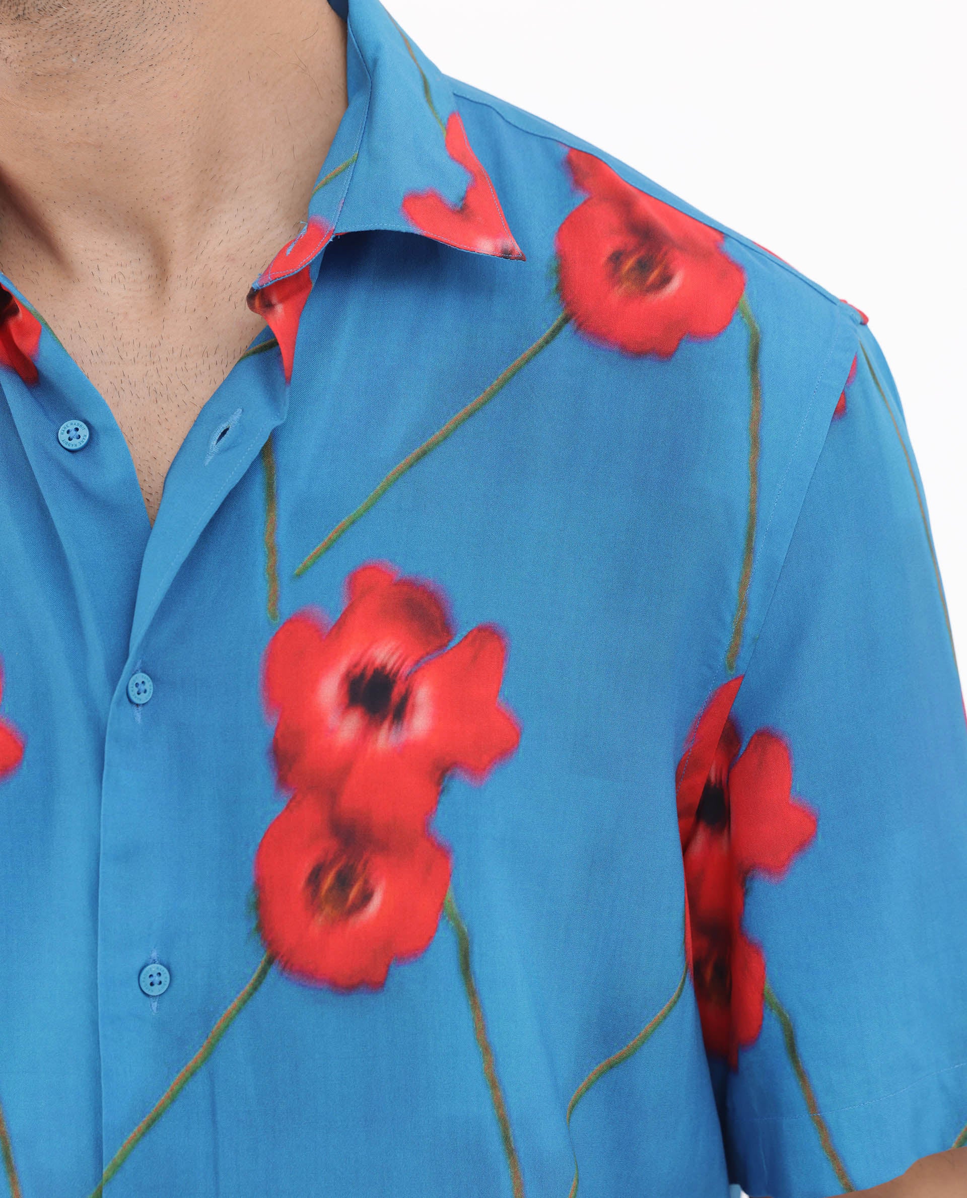 Rare Rabbit Men's Bloomer Flouroscent Blue Viscose Floral Print Boxy Fit Half Sleeve Collared Shirt - Image 4