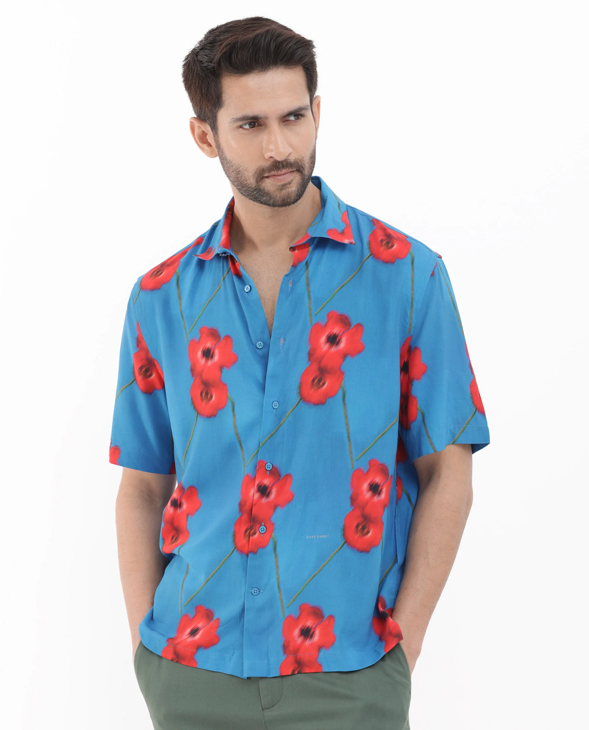 Rare Rabbit Men's Bloomer Flouroscent Blue Viscose Floral Print Boxy Fit Half Sleeve Collared Shirt - Image 6