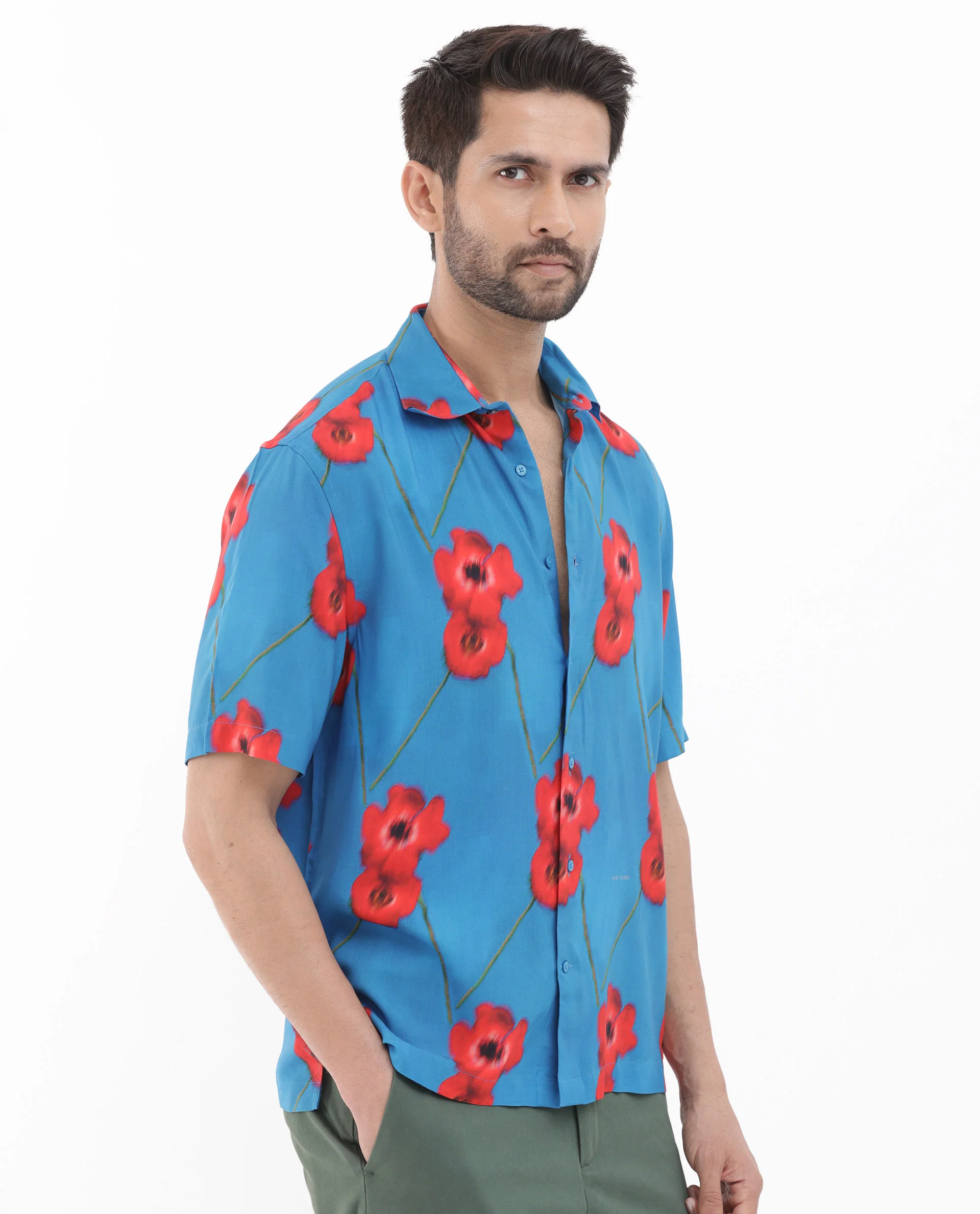 Rare Rabbit Men's Bloomer Flouroscent Blue Viscose Floral Print Boxy Fit Half Sleeve Collared Shirt - Image 7