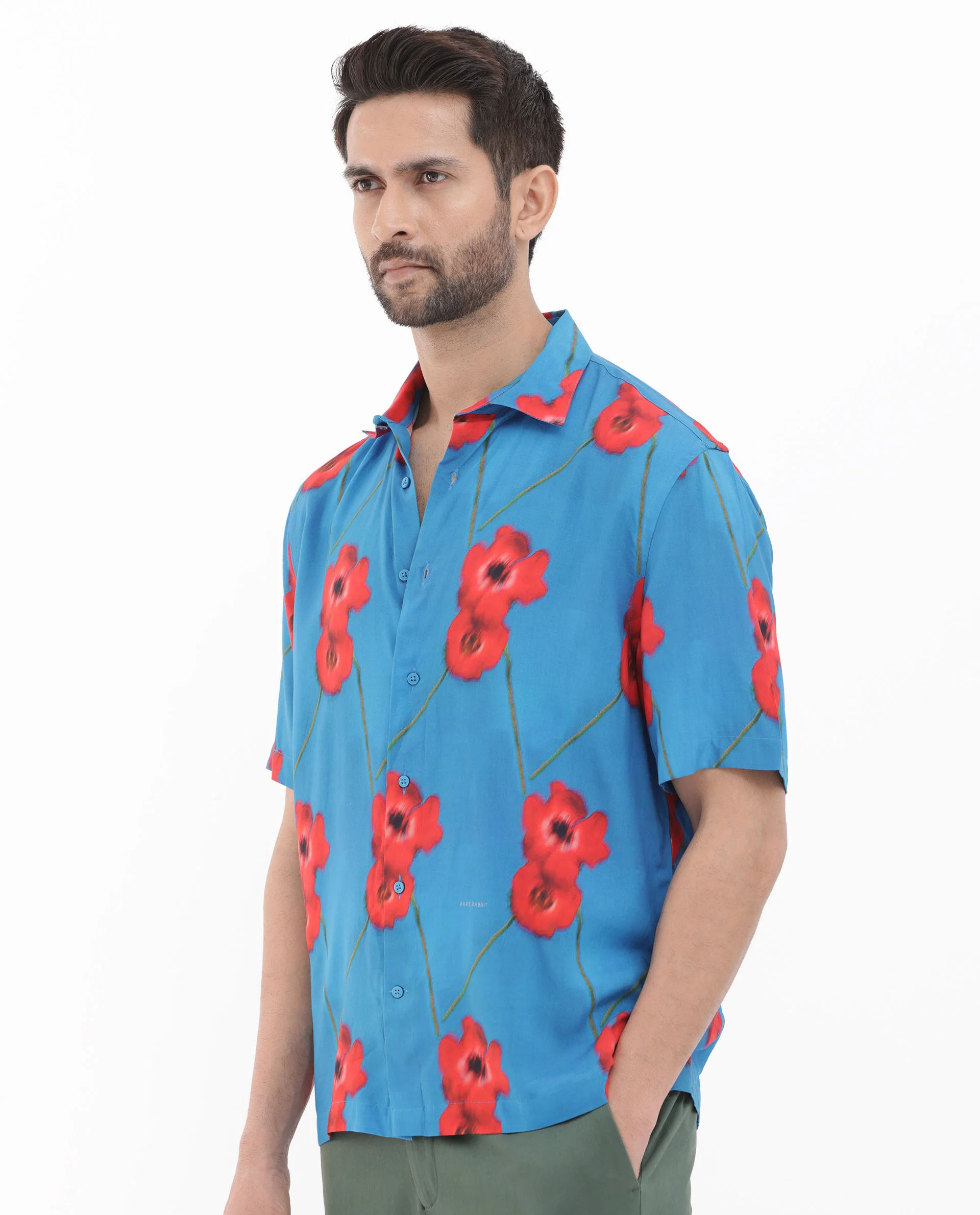 Rare Rabbit Men's Bloomer Flouroscent Blue Viscose Floral Print Boxy Fit Half Sleeve Collared Shirt - Image 8