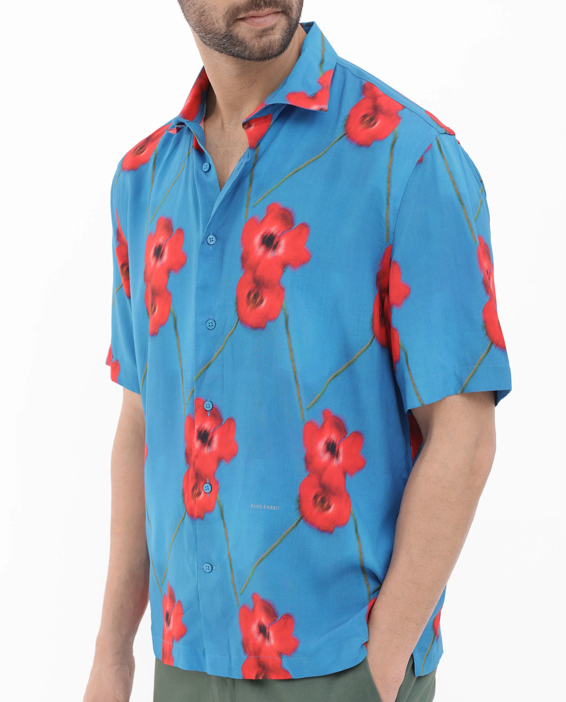 Rare Rabbit Men's Bloomer Flouroscent Blue Viscose Floral Print Boxy Fit Half Sleeve Collared Shirt - Image 9