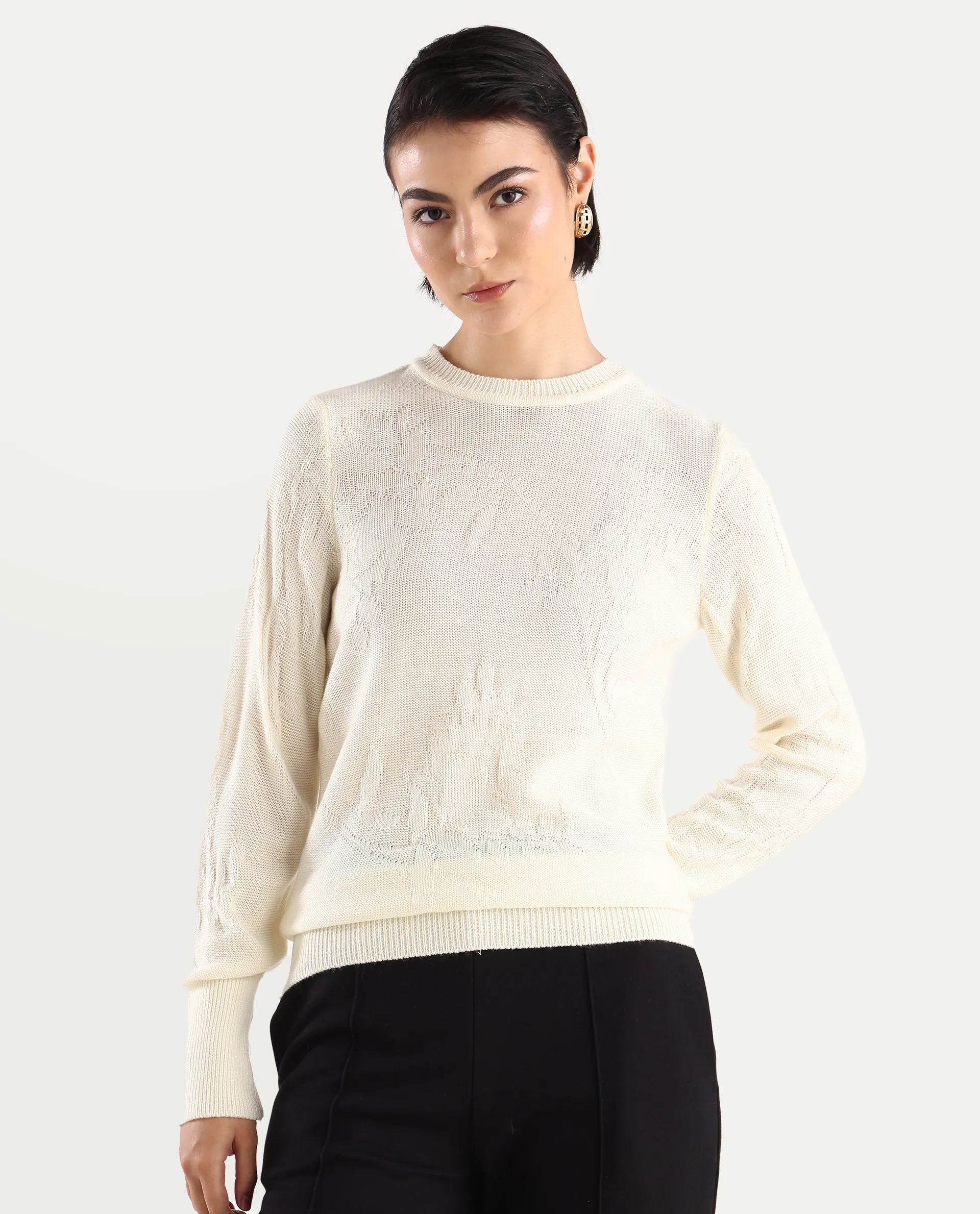 Rareism Women's Bloomy Off White Acrylic Crew Neck Jacquard Relaxed Fit Sweater