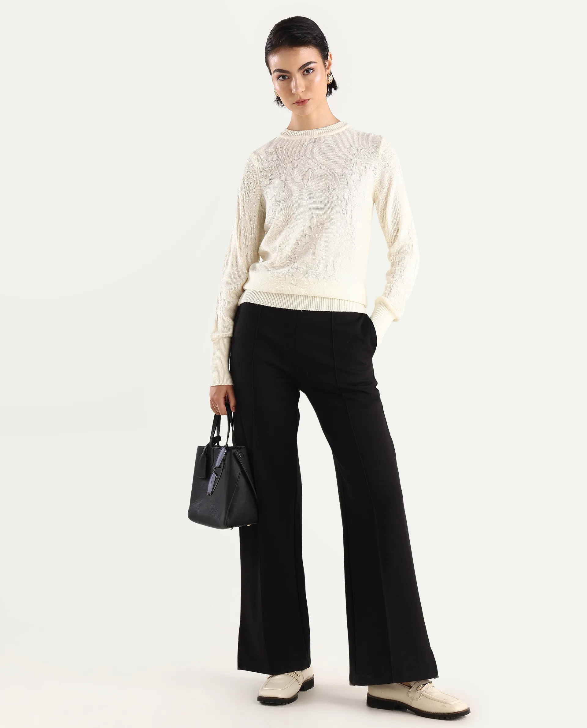 Rareism Women's Bloomy Off White Acrylic Crew Neck Jacquard Relaxed Fit Sweater - Image 2