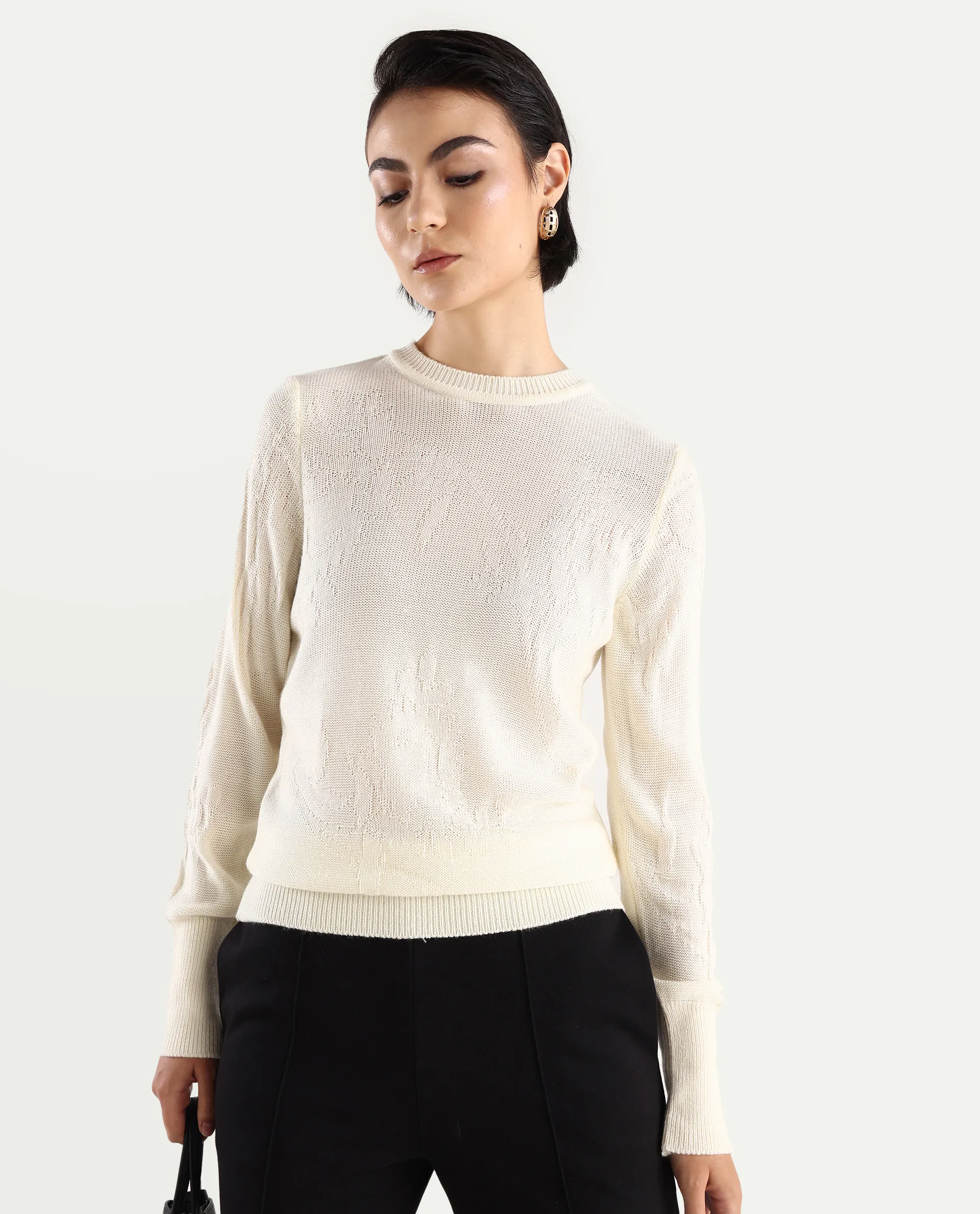 Rareism Women's Bloomy Off White Acrylic Crew Neck Jacquard Relaxed Fit Sweater - Image 3