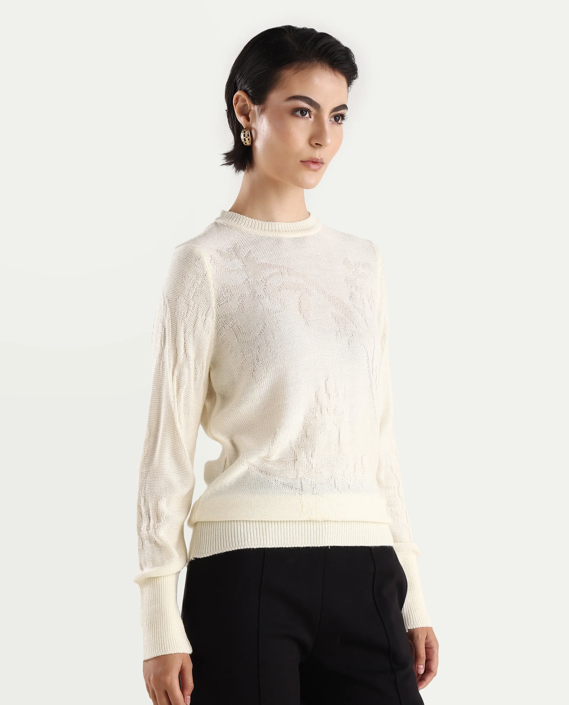 Rareism Women's Bloomy Off White Acrylic Crew Neck Jacquard Relaxed Fit Sweater - Image 4