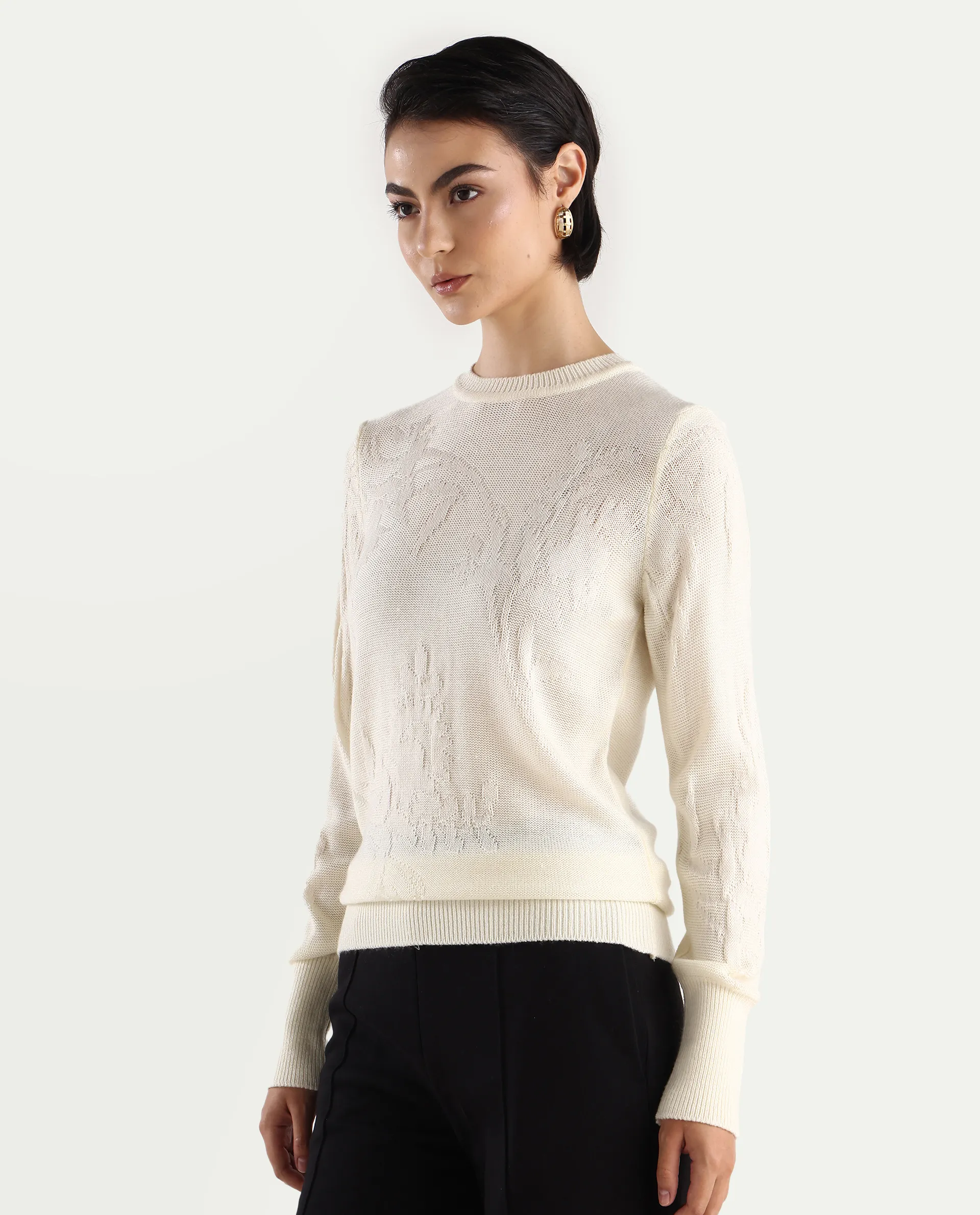 Rareism Women's Bloomy Off White Acrylic Crew Neck Jacquard Relaxed Fit Sweater - Image 5