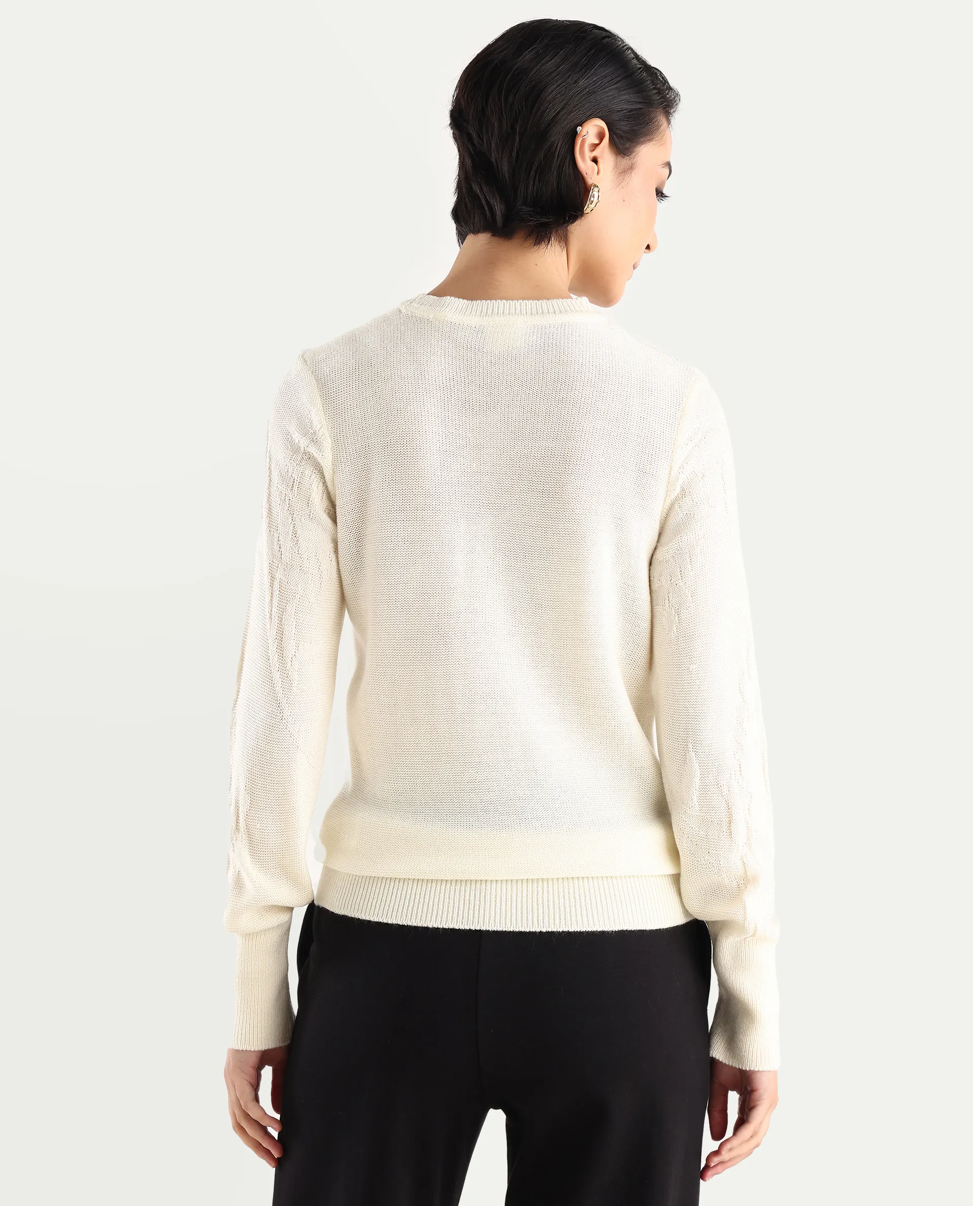 Rareism Women's Bloomy Off White Acrylic Crew Neck Jacquard Relaxed Fit Sweater - Image 6