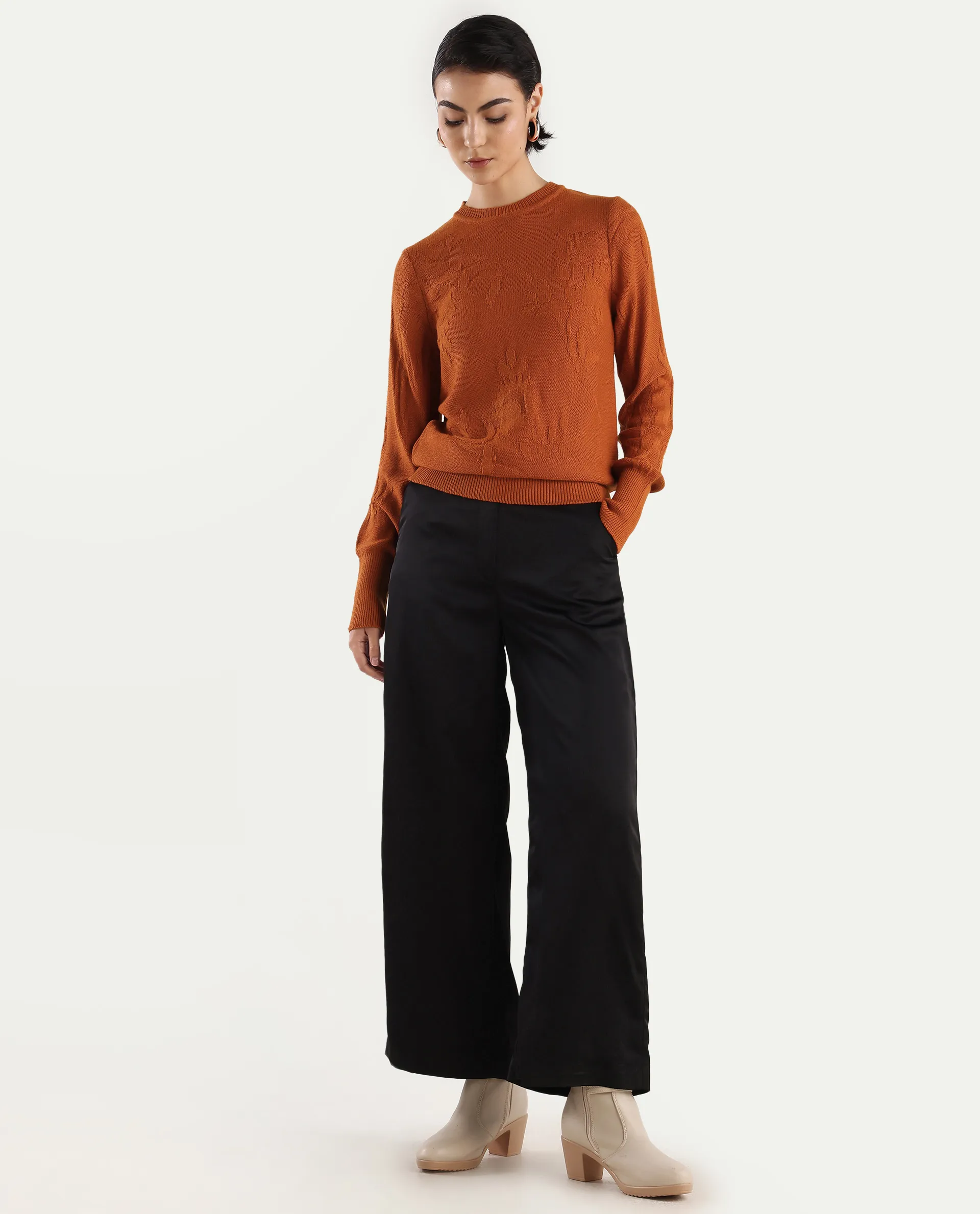 Rareism Women's Bloomy Rust Acrylic Crew Neck Jacquard Relaxed Fit Sweater - Image 2