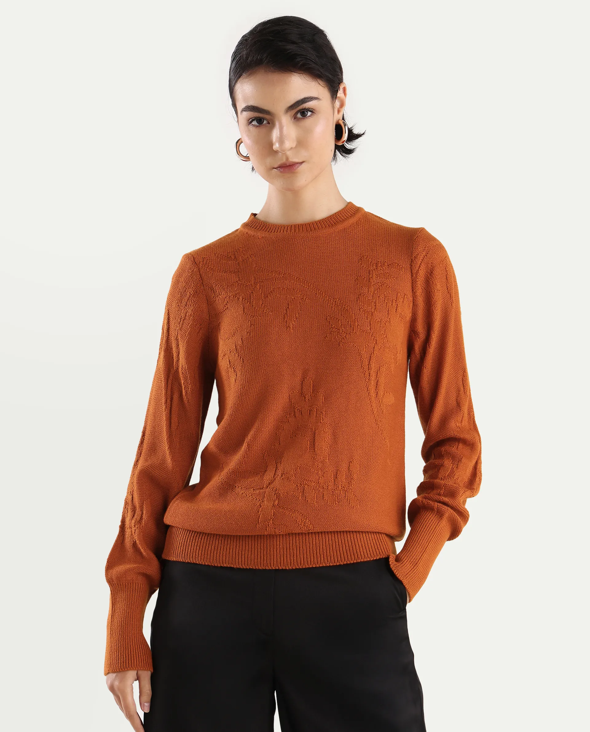Rareism Women's Bloomy Rust Acrylic Crew Neck Jacquard Relaxed Fit Sweater - Image 3