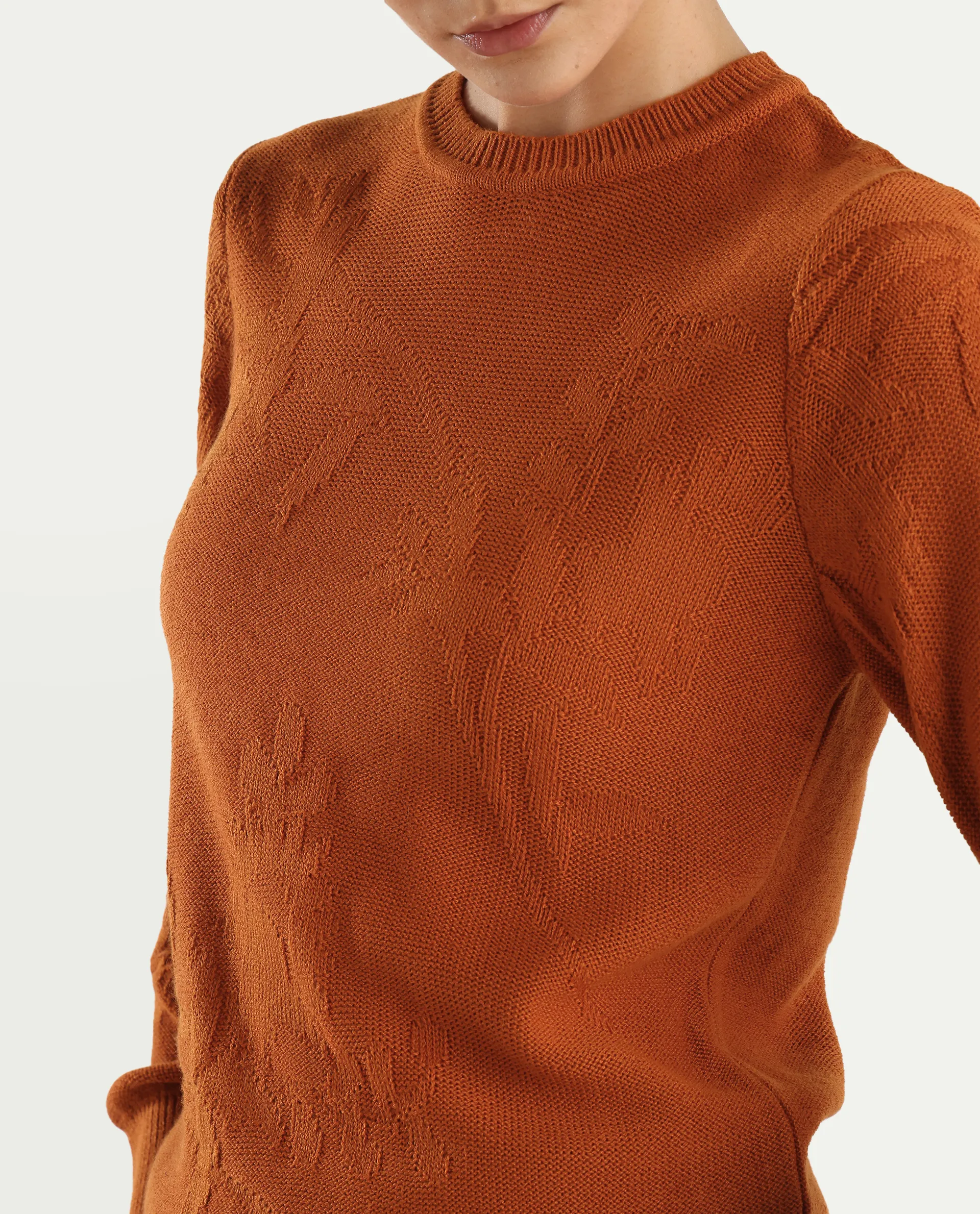 Rareism Women's Bloomy Rust Acrylic Crew Neck Jacquard Relaxed Fit Sweater - Image 4