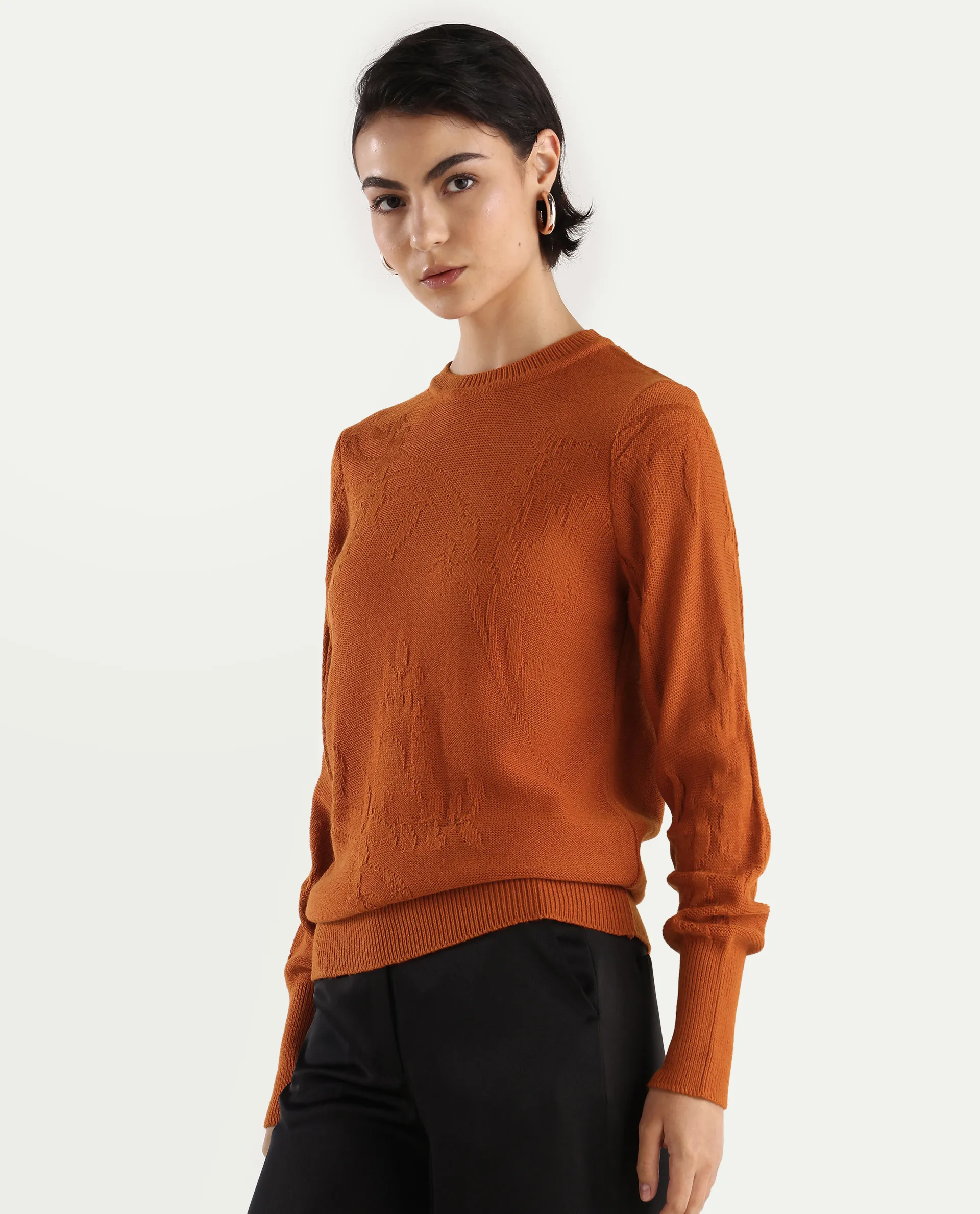 Rareism Women's Bloomy Rust Acrylic Crew Neck Jacquard Relaxed Fit Sweater - Image 5