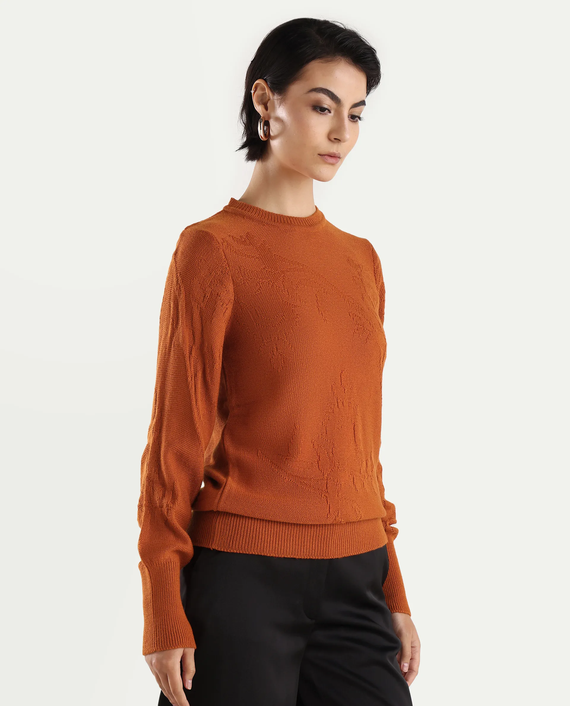 Rareism Women's Bloomy Rust Acrylic Crew Neck Jacquard Relaxed Fit Sweater - Image 6