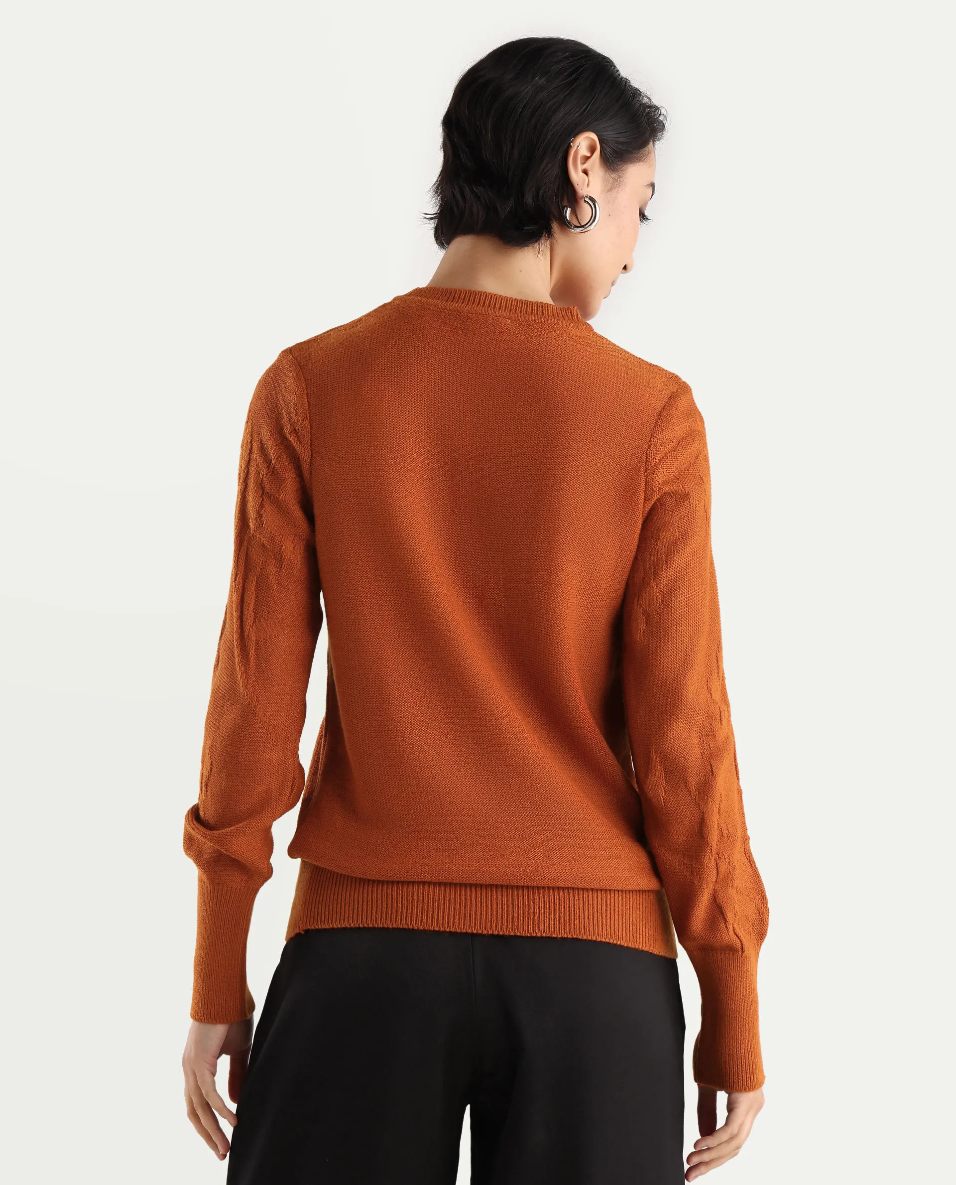 Rareism Women's Bloomy Rust Acrylic Crew Neck Jacquard Relaxed Fit Sweater - Image 7