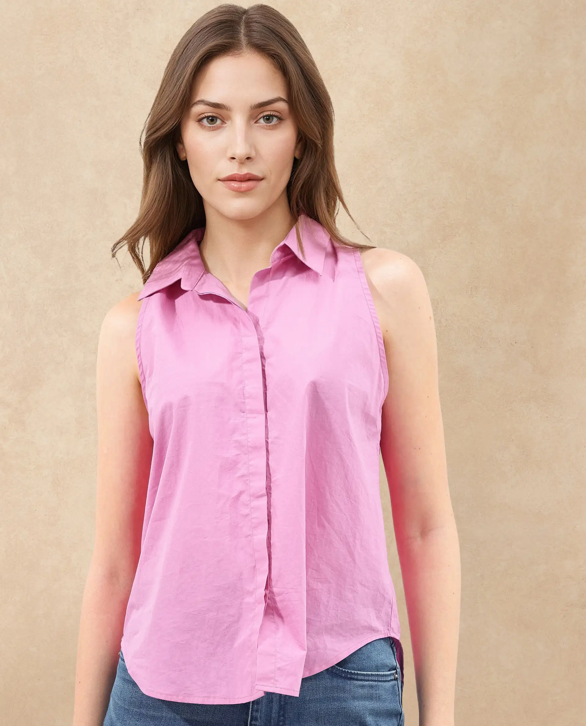Rareism Women's Blumoon Pink Cotton Drop Collar Plain Sleeveless Relaxed Fit Top - Image 2