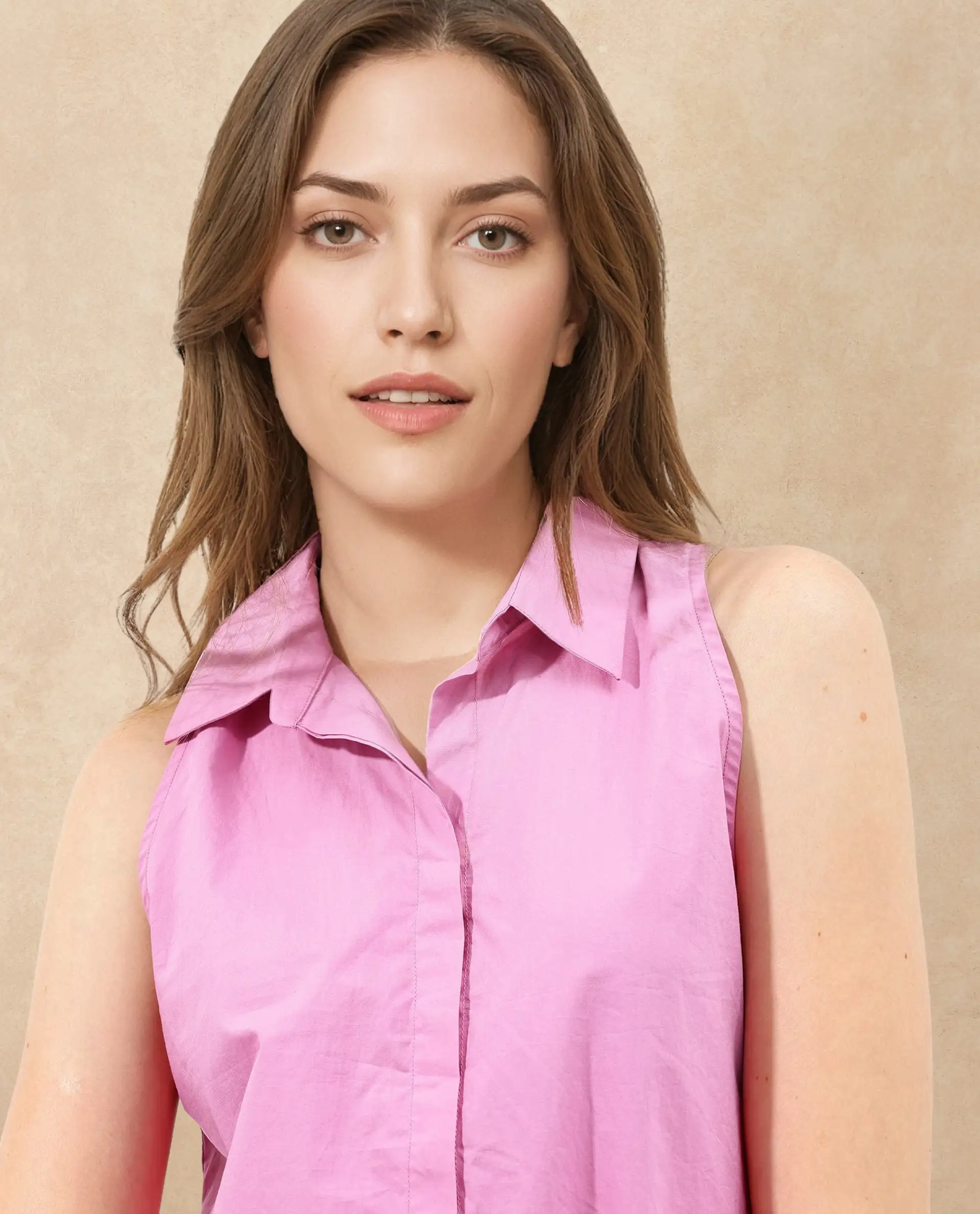 Rareism Women's Blumoon Pink Cotton Drop Collar Plain Sleeveless Relaxed Fit Top - Image 3