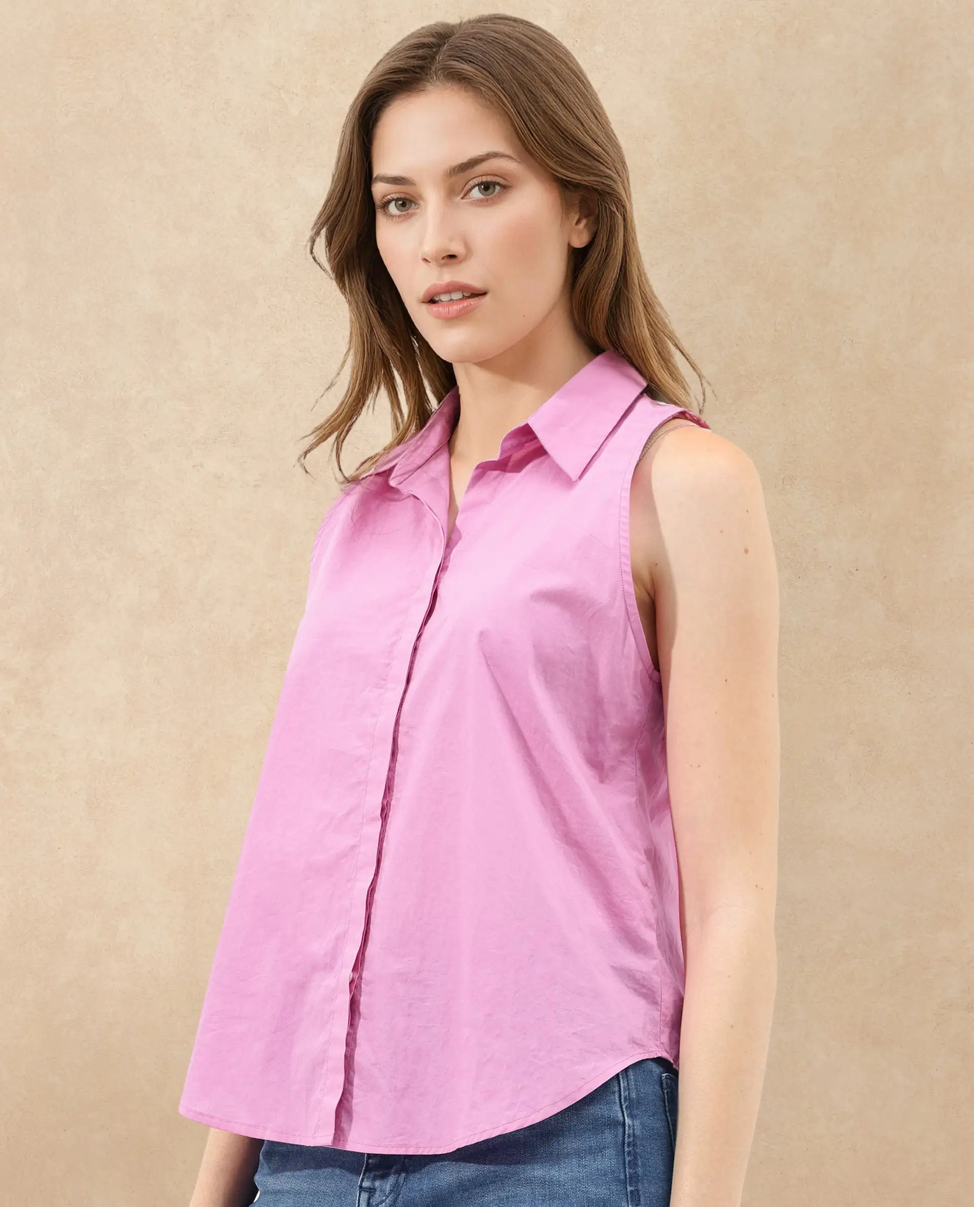Rareism Women's Blumoon Pink Cotton Drop Collar Plain Sleeveless Relaxed Fit Top - Image 4