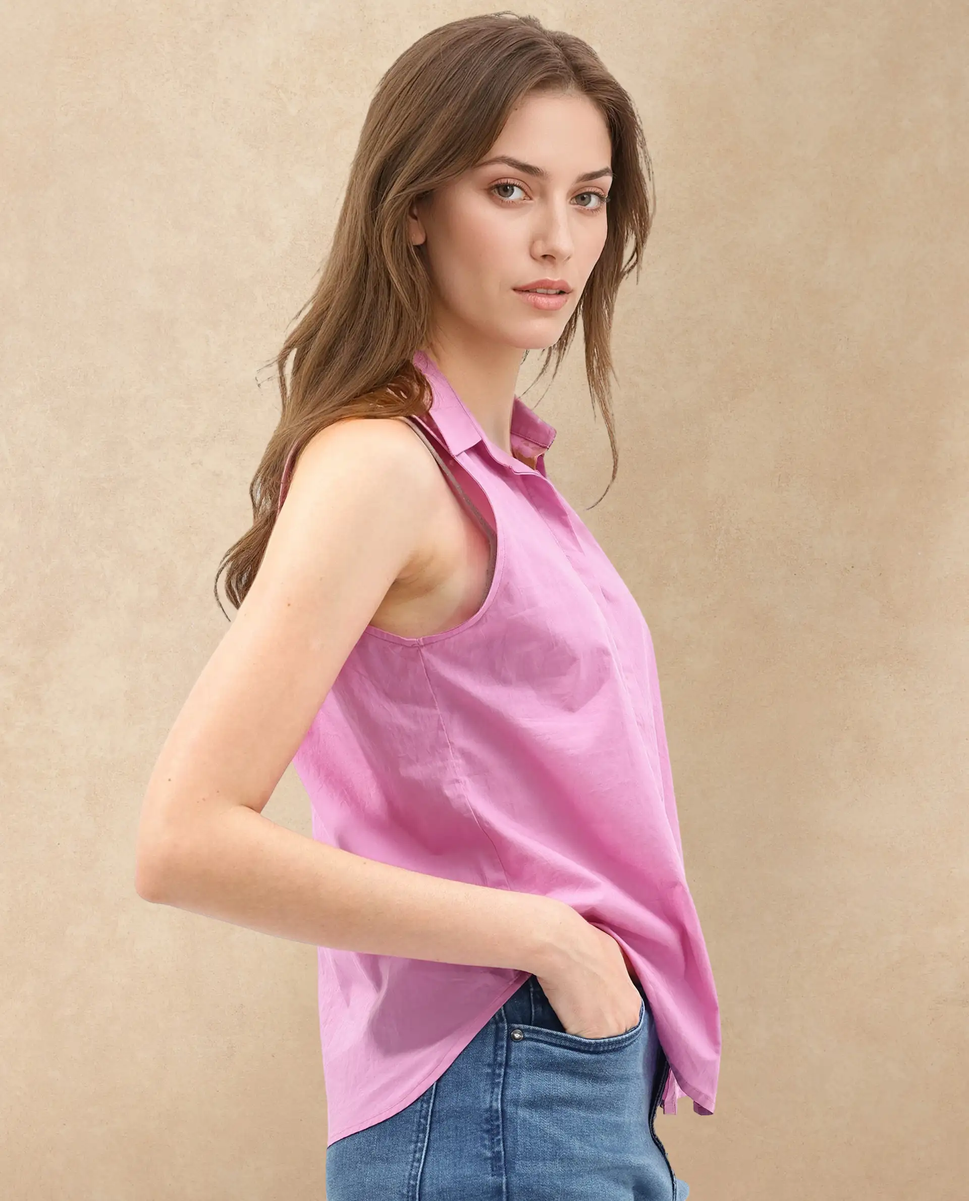 Rareism Women's Blumoon Pink Cotton Drop Collar Plain Sleeveless Relaxed Fit Top - Image 5