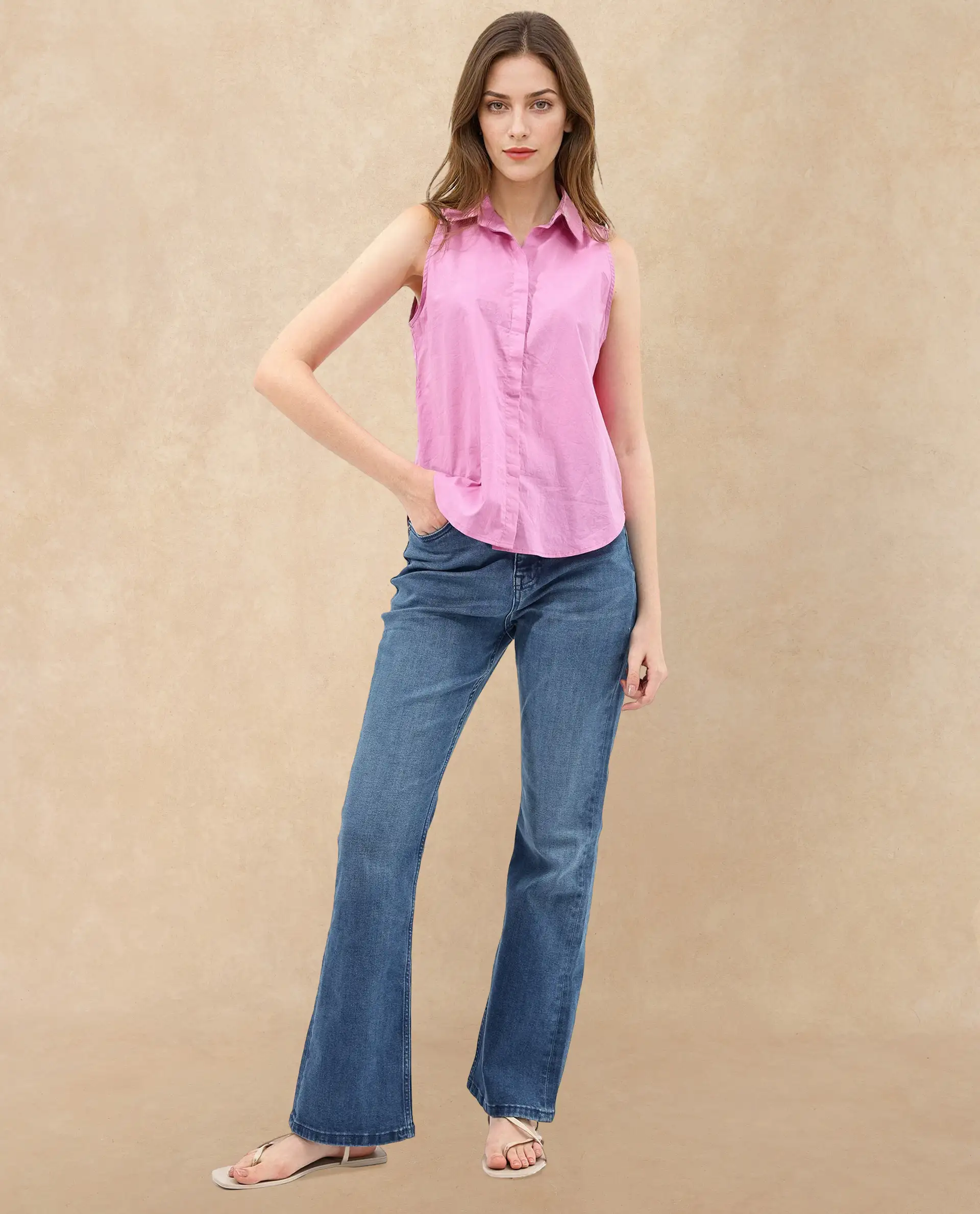 Rareism Women's Blumoon Pink Cotton Drop Collar Plain Sleeveless Relaxed Fit Top - Image 7