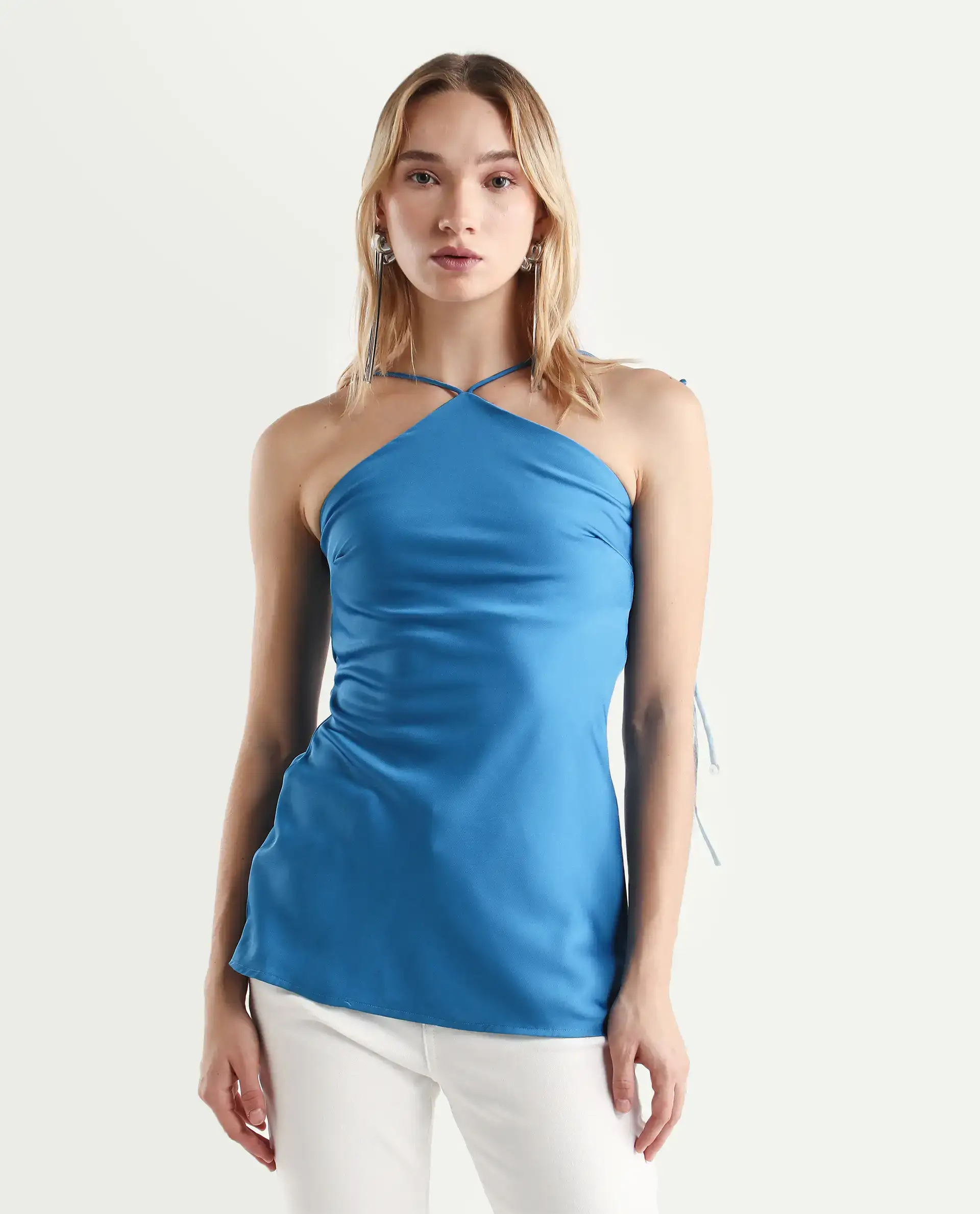 Rareism Women's Bluray Fluorescent Blue Polyester Halter Neck Plain Sleeveless Regular Fit Top - Image 3