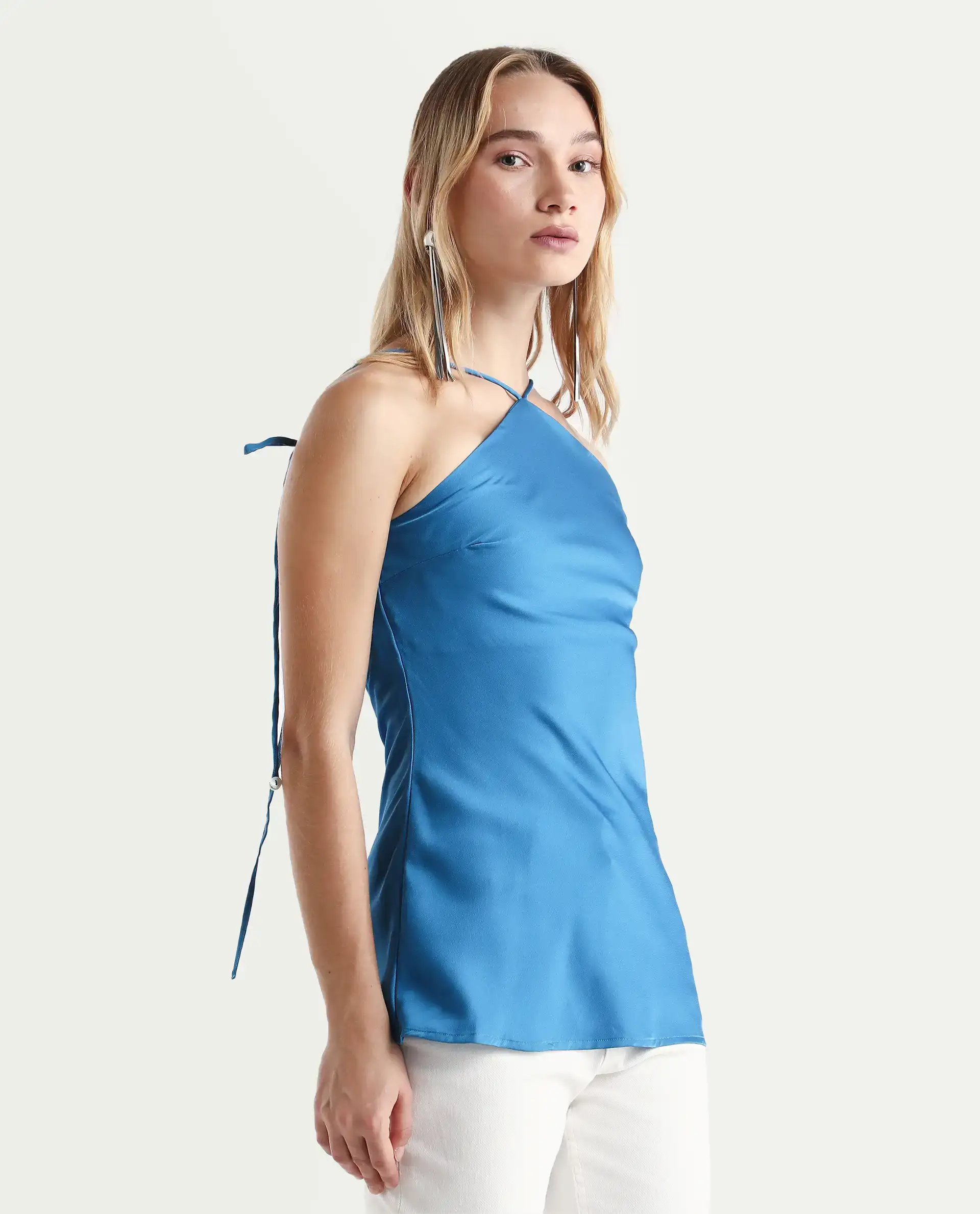 Rareism Women's Bluray Fluorescent Blue Polyester Halter Neck Plain Sleeveless Regular Fit Top - Image 5