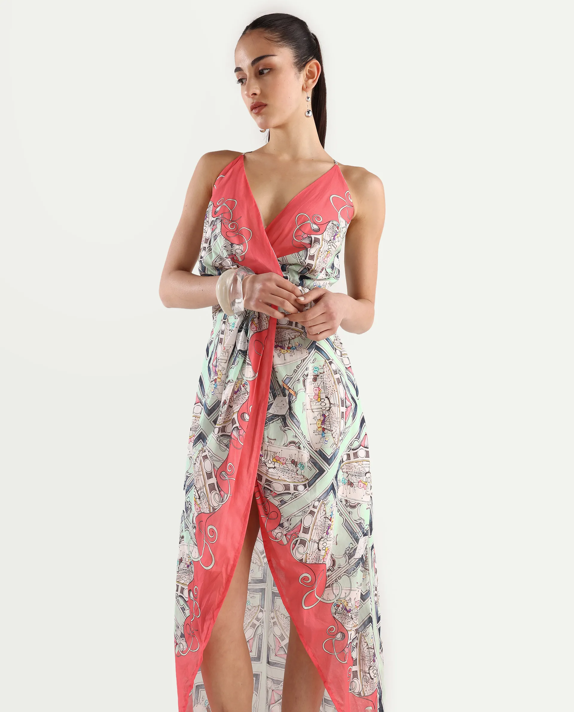 Rareism Women's Bluries Pastel Green Cotton Overlap Neck Abstract Print Shoulder Strap Maxi Fit And Flare Dress - Image 2