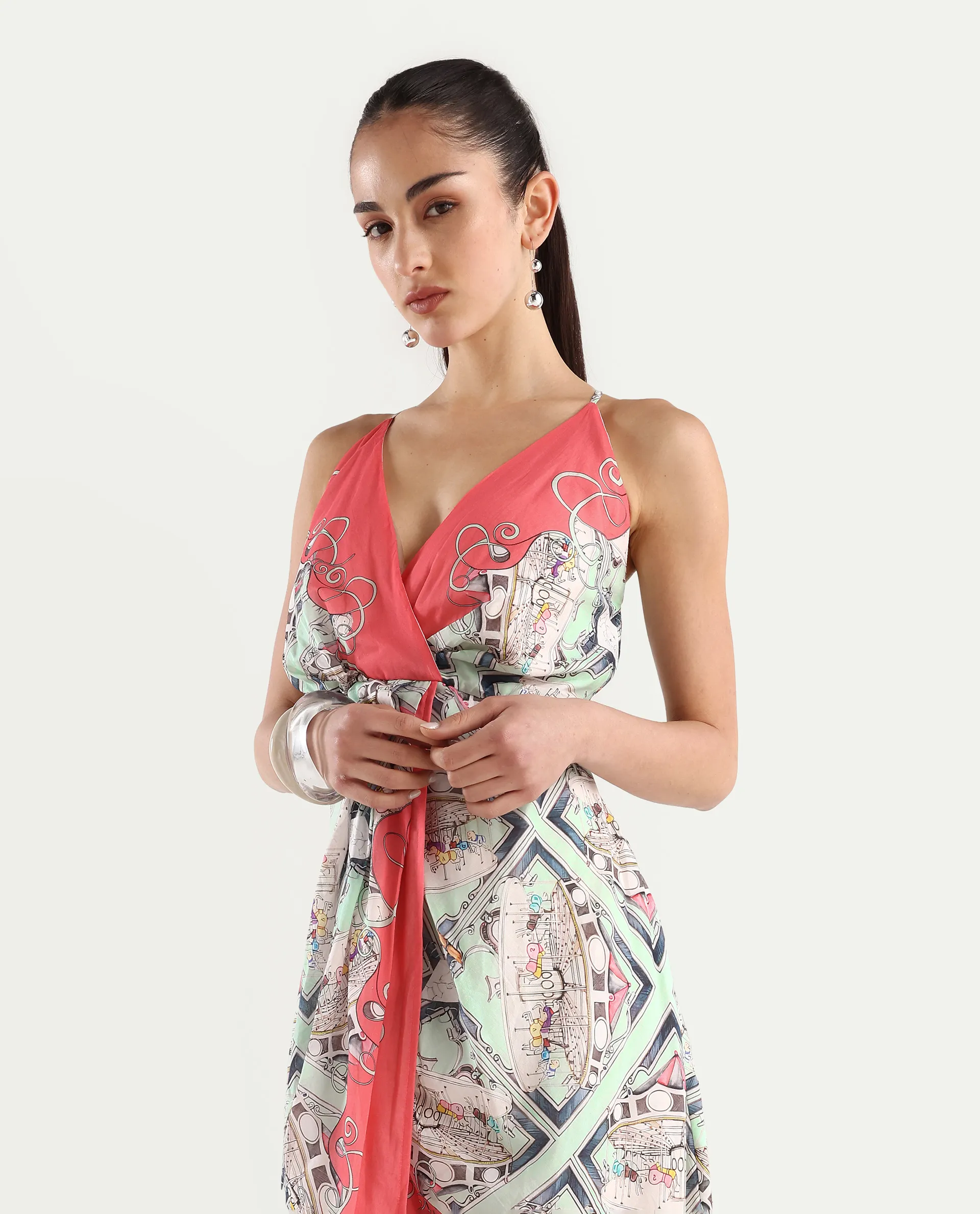 Rareism Women's Bluries Pastel Green Cotton Overlap Neck Abstract Print Shoulder Strap Maxi Fit And Flare Dress - Image 3