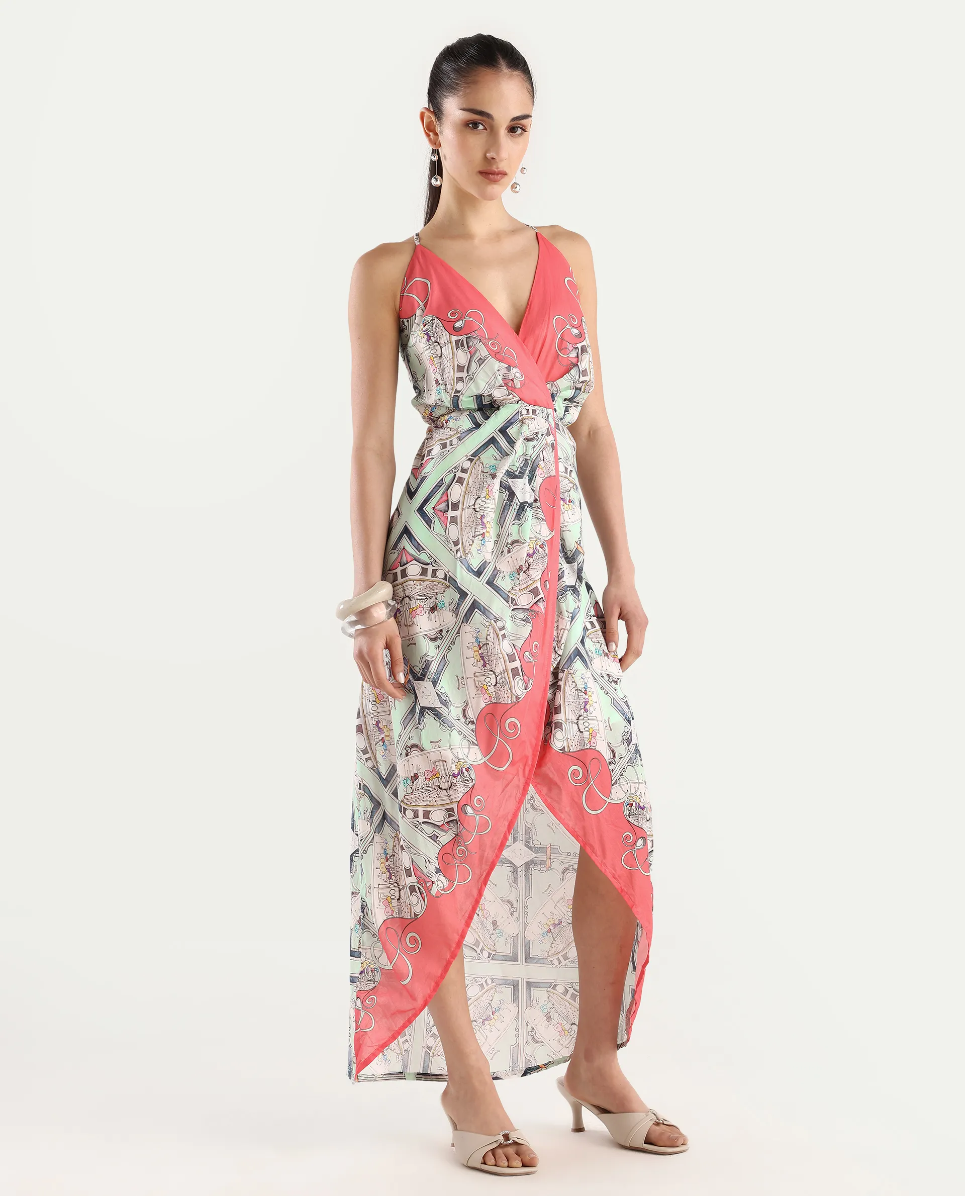 Rareism Women's Bluries Pastel Green Cotton Overlap Neck Abstract Print Shoulder Strap Maxi Fit And Flare Dress - Image 5