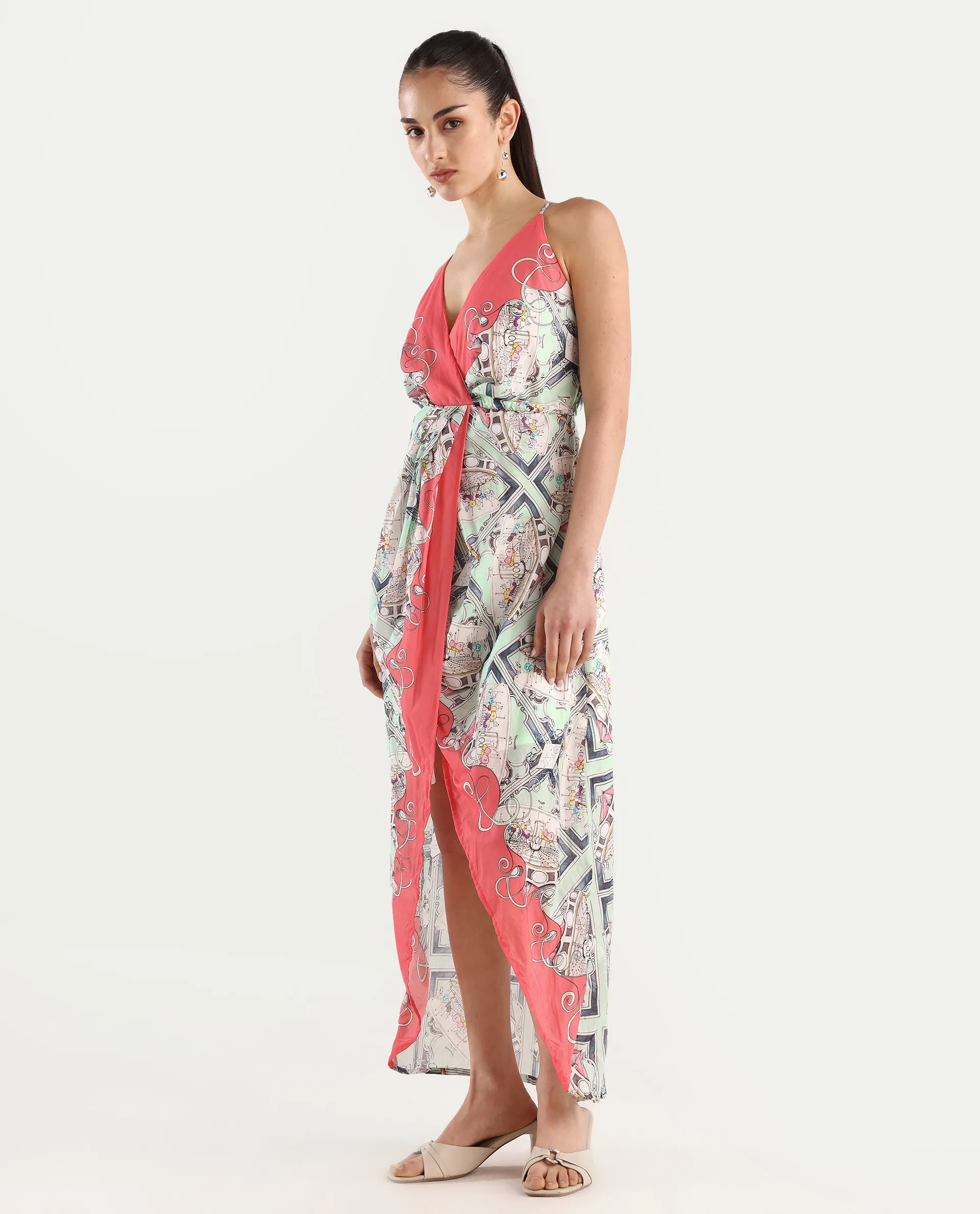 Rareism Women's Bluries Pastel Green Cotton Overlap Neck Abstract Print Shoulder Strap Maxi Fit And Flare Dress - Image 6
