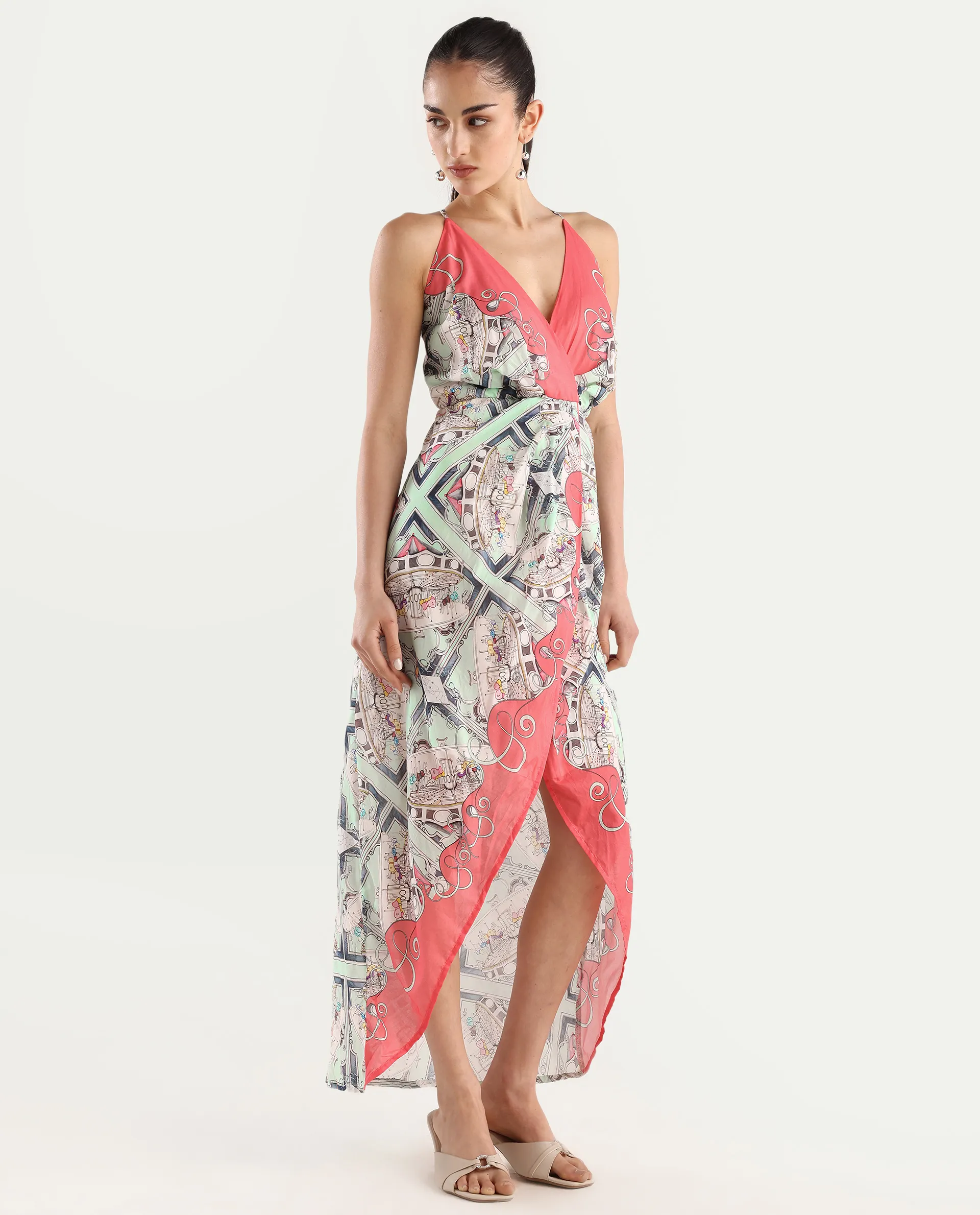Rareism Women's Bluries Pastel Green Cotton Overlap Neck Abstract Print Shoulder Strap Maxi Fit And Flare Dress - Image 7