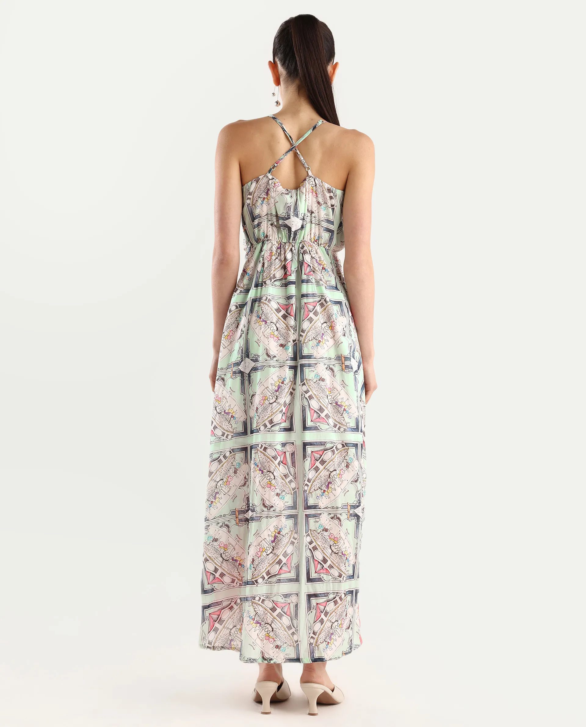 Rareism Women's Bluries Pastel Green Cotton Overlap Neck Abstract Print Shoulder Strap Maxi Fit And Flare Dress - Image 8