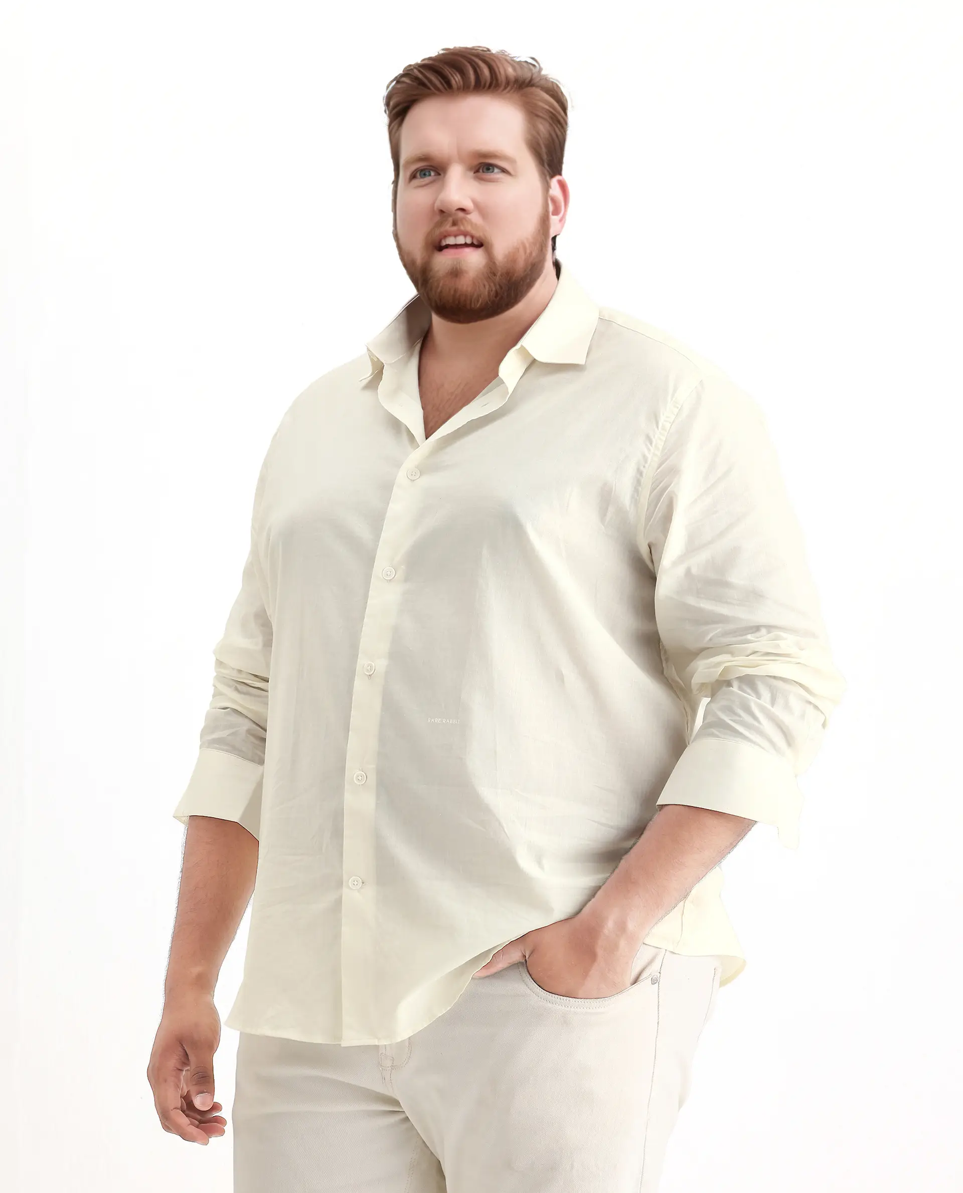 Rare Rabbit Men's Blush Big Off White Cotton Fabric Full Sleeve Collared Neck Plain Shirt - Image 5