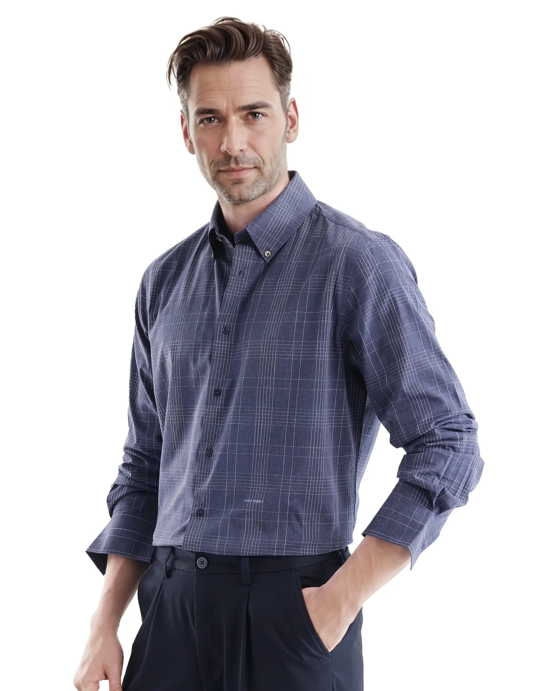 Rare Rabbit Men's Blute Doubt Navy Cotton Checked Print Regular Fit Full Sleeve Collared Shirt - Image 5