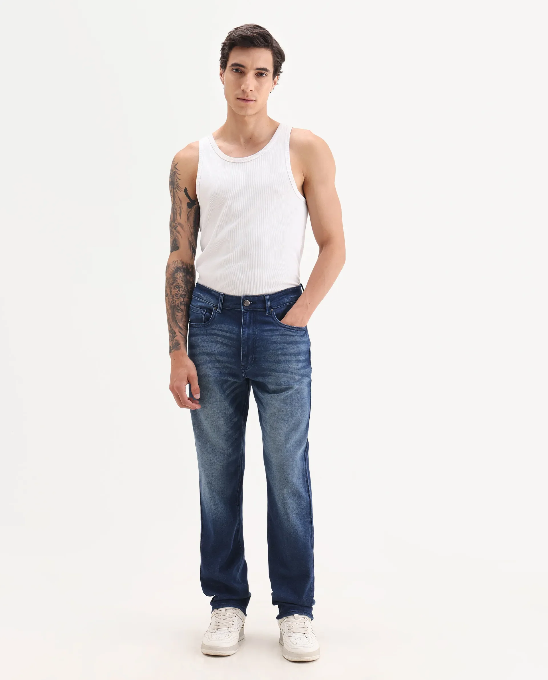 Rare Rabbit Men's Bluxx Dark Blue Cotton Blend Fabric Morris Regular Plain Jeans - Image 4