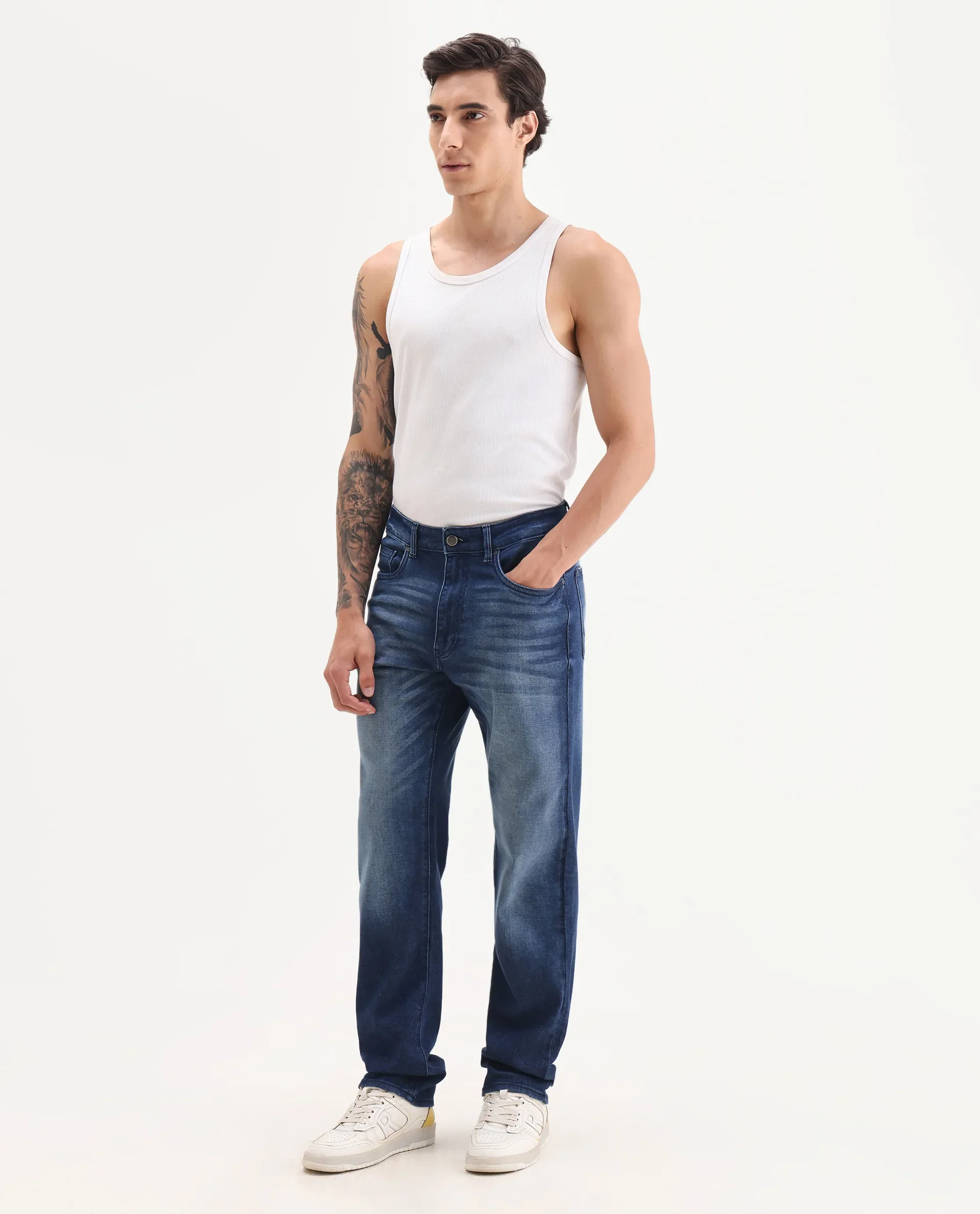 Rare Rabbit Men's Bluxx Dark Blue Cotton Blend Fabric Morris Regular Plain Jeans - Image 5