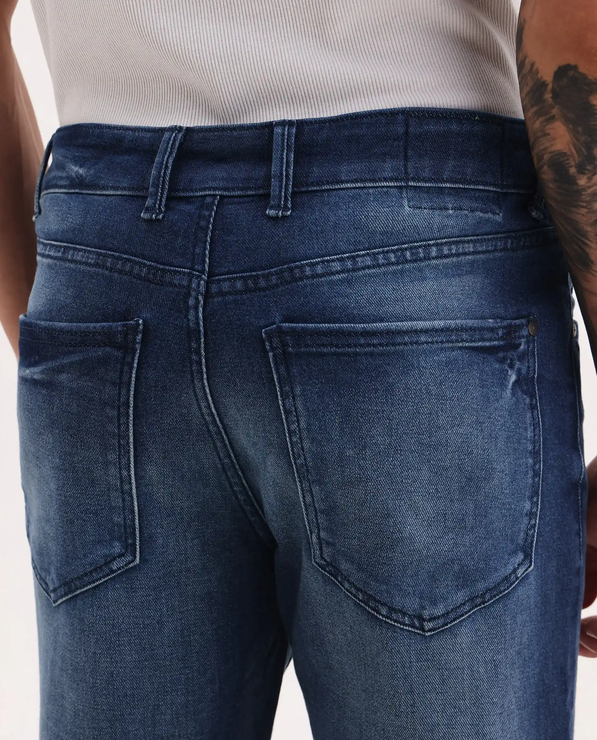 Rare Rabbit Men's Bluxx Dark Blue Cotton Blend Fabric Morris Regular Plain Jeans - Image 8