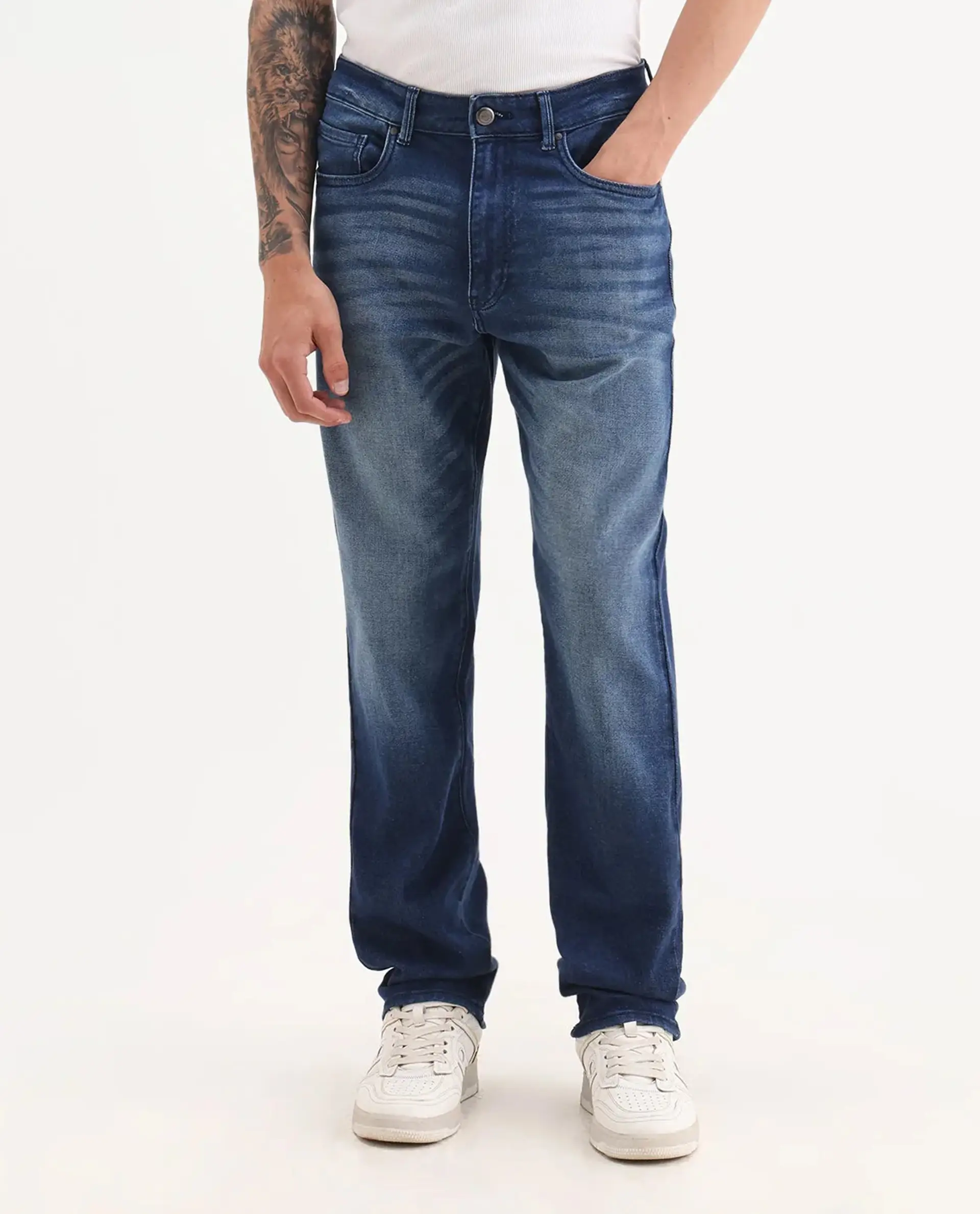 Rare Rabbit Men's Bluxx Dark Blue Cotton Blend Fabric Morris Regular Plain Jeans - Image 9