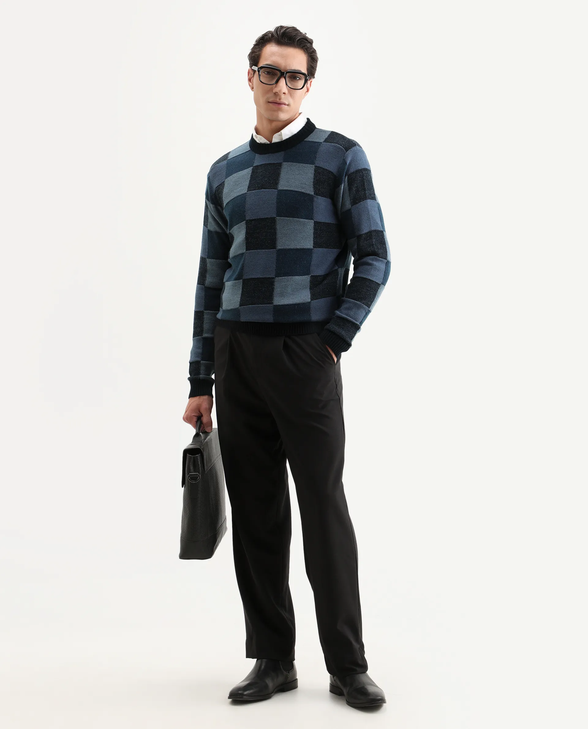 Rare Rabbit Men's Boaz Blue Acrylic Jacquard Regular Fit Full Sleeve Crew Neck Sweater - Image 2