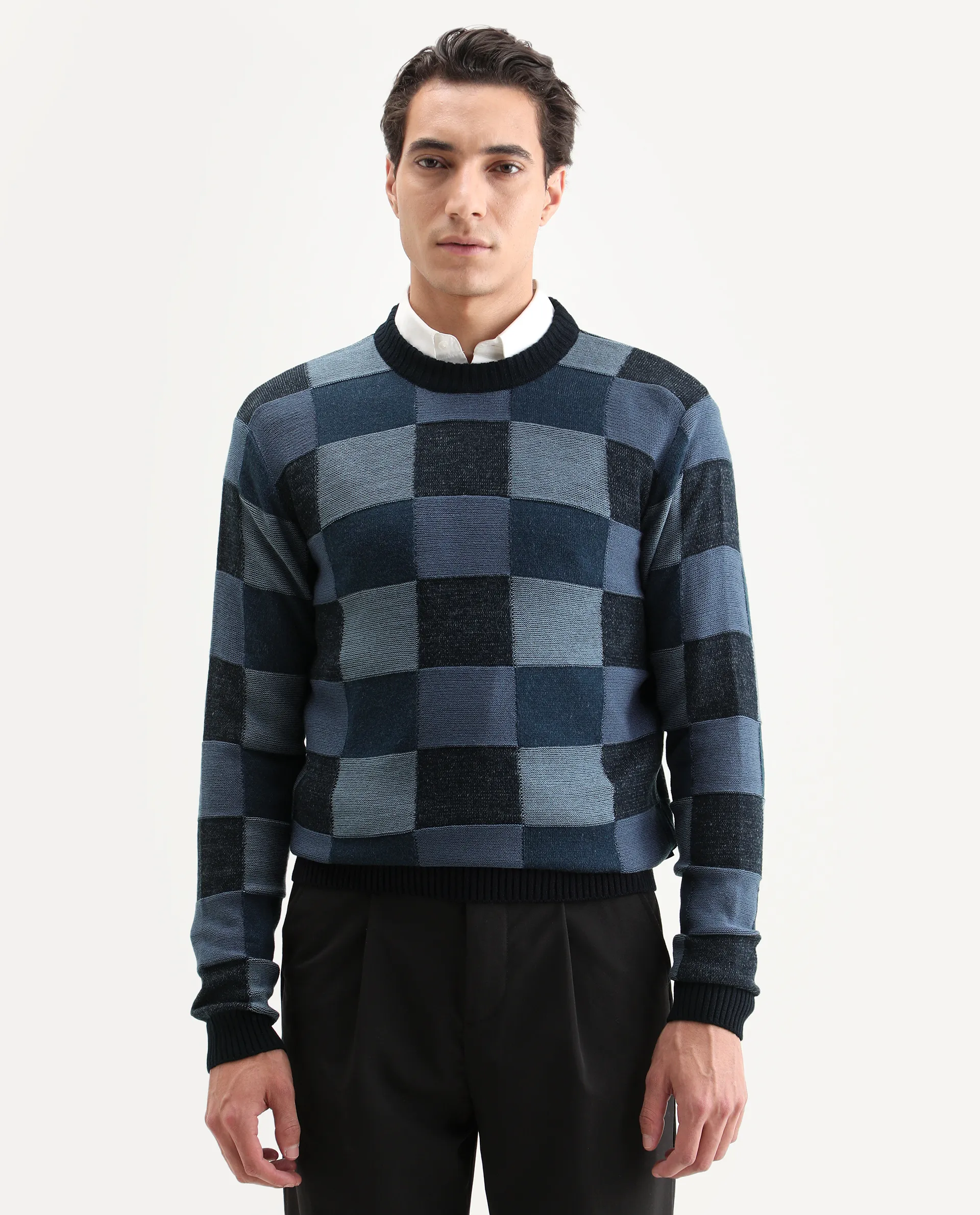 Rare Rabbit Men's Boaz Blue Acrylic Jacquard Regular Fit Full Sleeve Crew Neck Sweater - Image 3