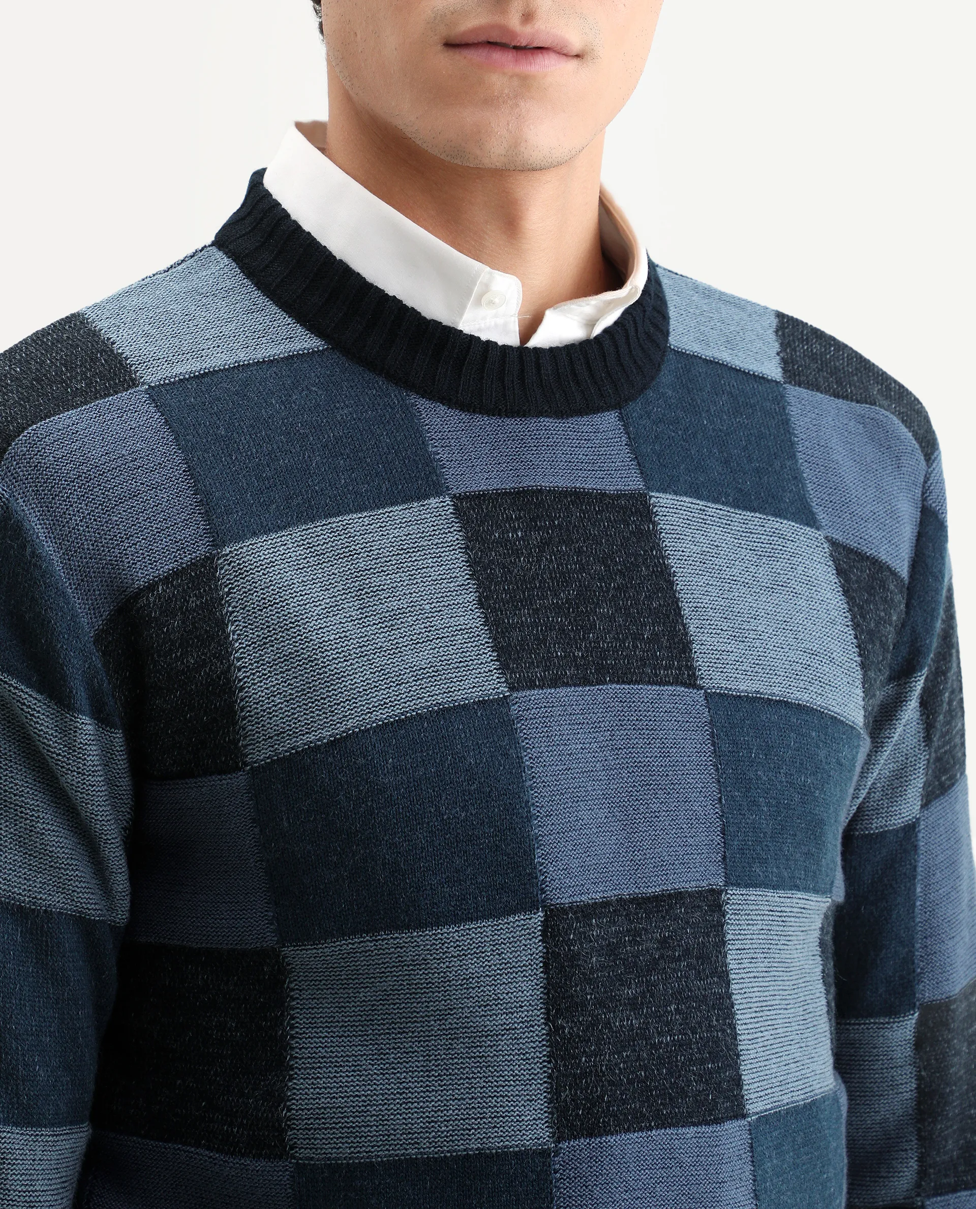 Rare Rabbit Men's Boaz Blue Acrylic Jacquard Regular Fit Full Sleeve Crew Neck Sweater - Image 4