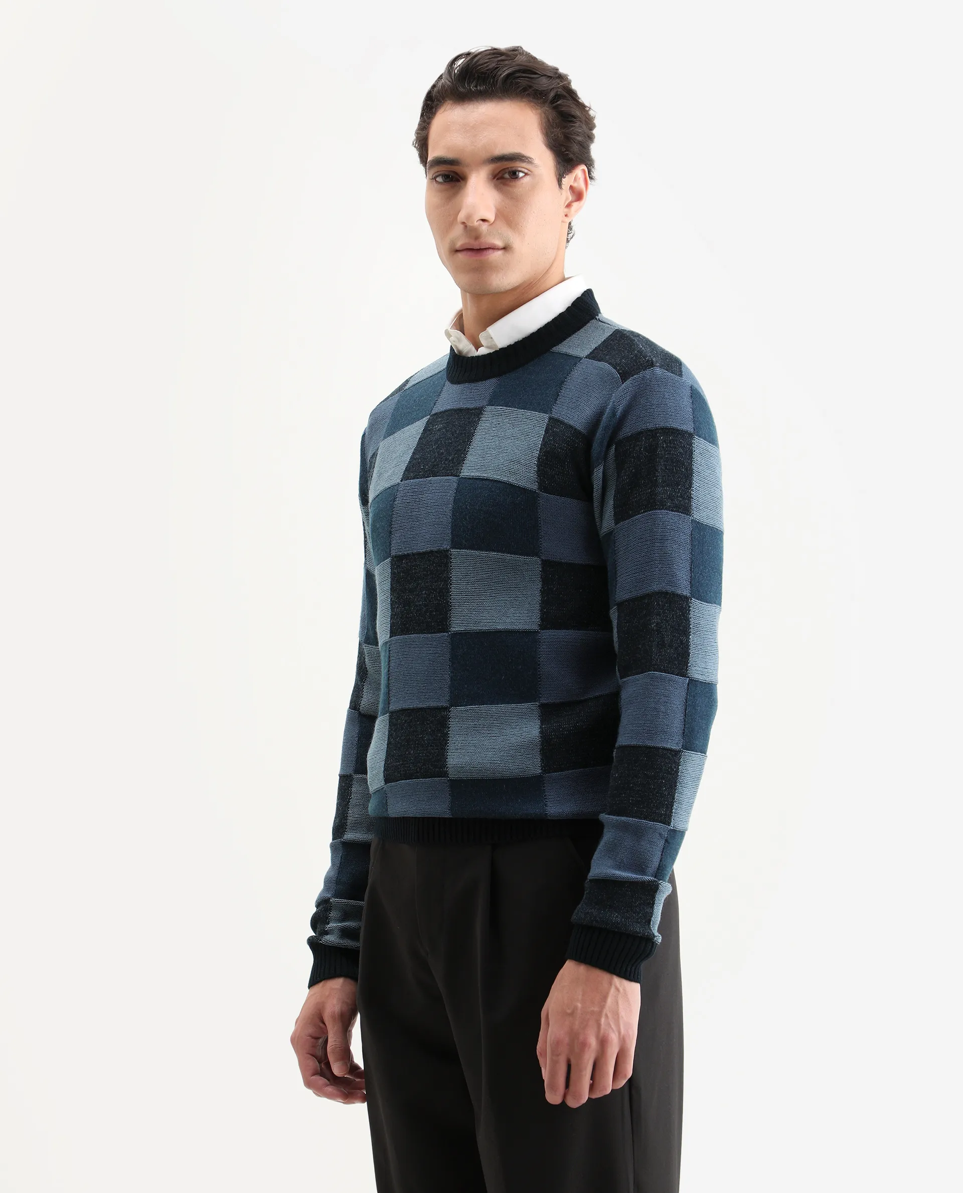 Rare Rabbit Men's Boaz Blue Acrylic Jacquard Regular Fit Full Sleeve Crew Neck Sweater - Image 5