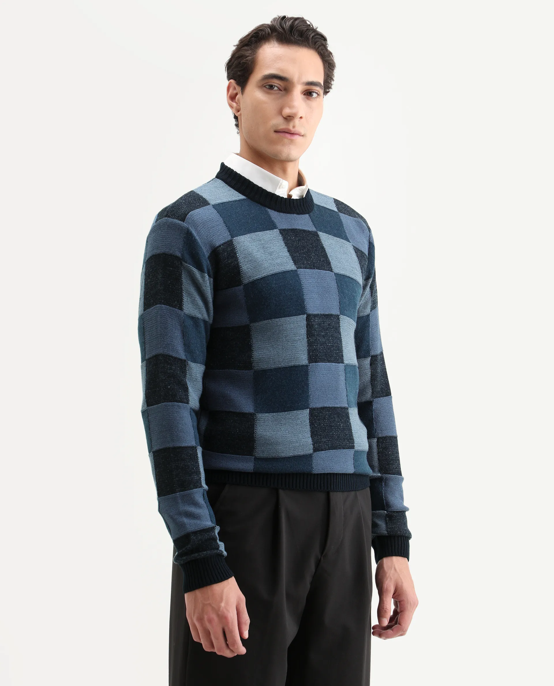 Rare Rabbit Men's Boaz Blue Acrylic Jacquard Regular Fit Full Sleeve Crew Neck Sweater - Image 6