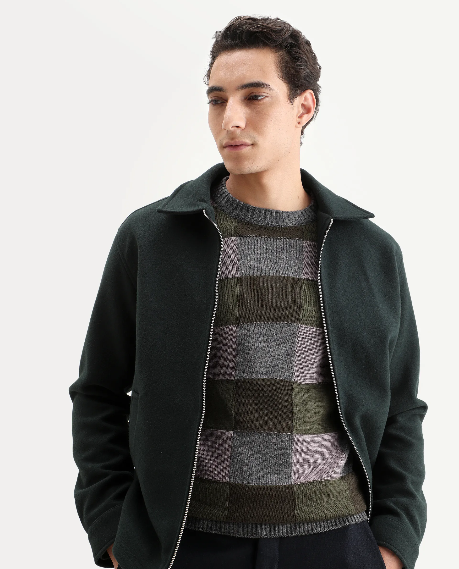 Rare Rabbit Men's Boaz Olive Acrylic Jacquard Regular Fit Full Sleeve Crew Neck Sweater
